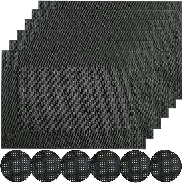 Famibay PVC Placemats with Coasters Set of 6 Heat Resistant Durable Vinyl Table Mats Sets for Home Kitchen Decoration(Black 6 and coasters)
