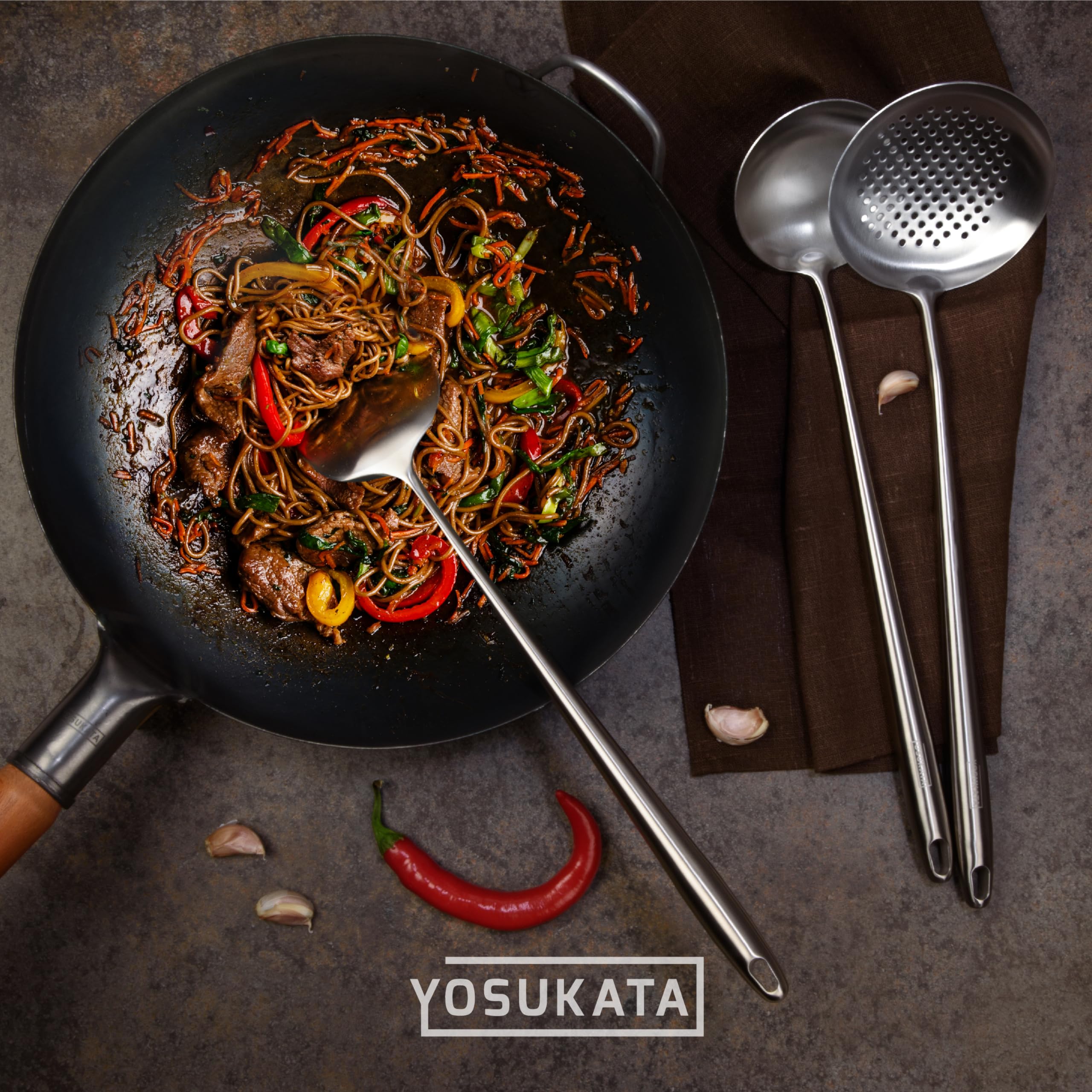 YOSUKATA Spatule, Louche Et Écumoire De Cuisine En Inox Pour Wok 43 cm | Spatule Plancha - Louche Professionnel - Écumoire Ustensiles de Cuisine Inox - Spatule Wok en acier inoxydable 304 -