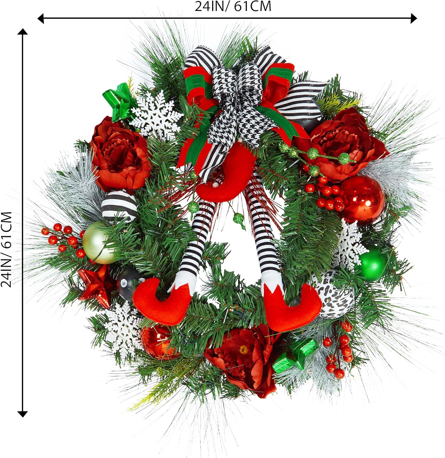 GarveeHome 24 in Pre-Lit Christmas Wreath for Front Door, Large Artificial Christmas Wreath, Battery Operated Lighted Xmas Wreath for Door Window Indoor Outside Xmas Home Decor, Red and Green - Image 2