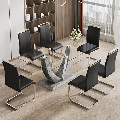 Miniatura 8 de Juego de mesa de comedor de vidrio de 71 pulgadas para 6, mesa de comedor de vidrio moderno, tablero de vidrio templado de 0.39 pulgadas de grosor,