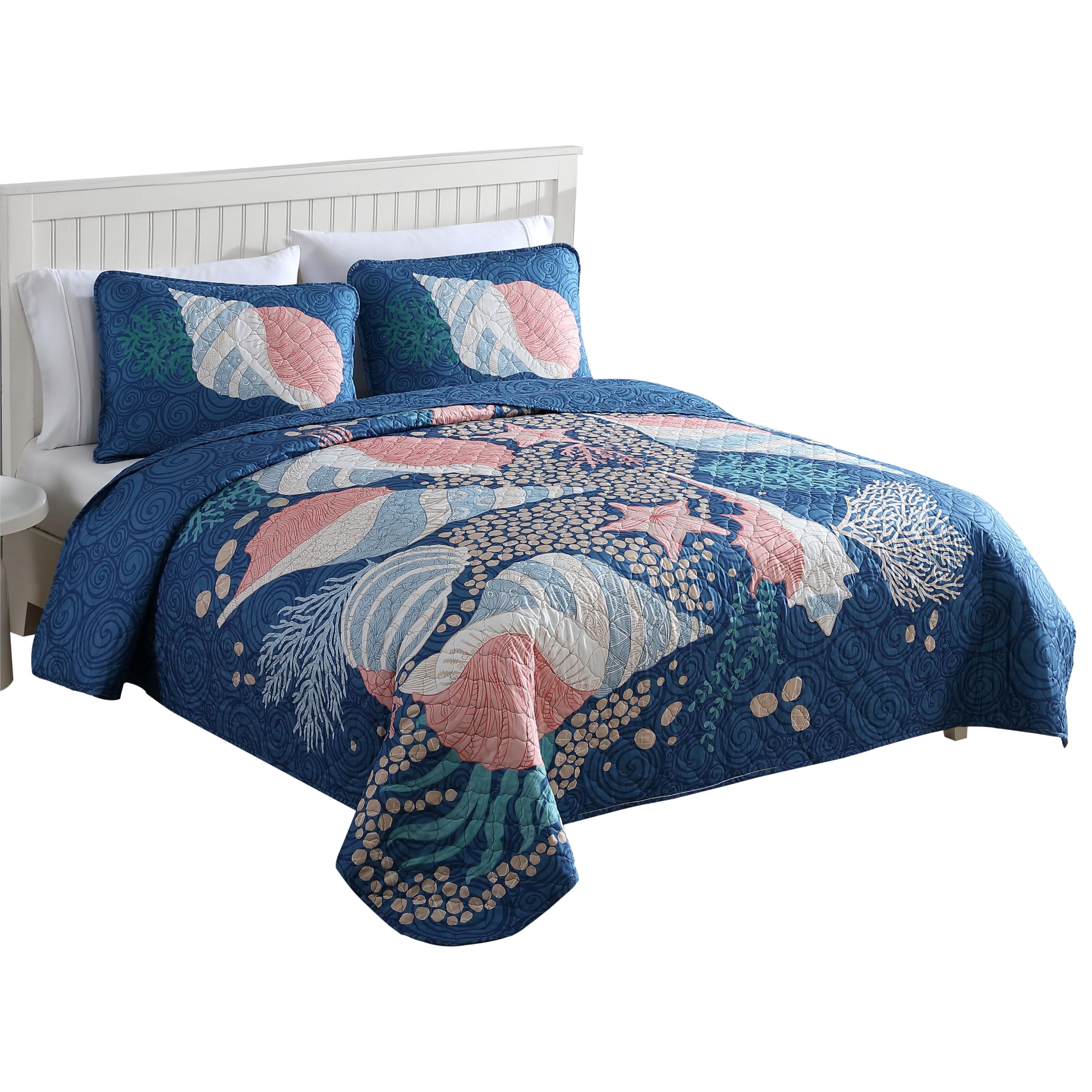 Caribbean Joe Full/Queen Coastal 3-Piece Quilt Set, Patterned Shell Navy