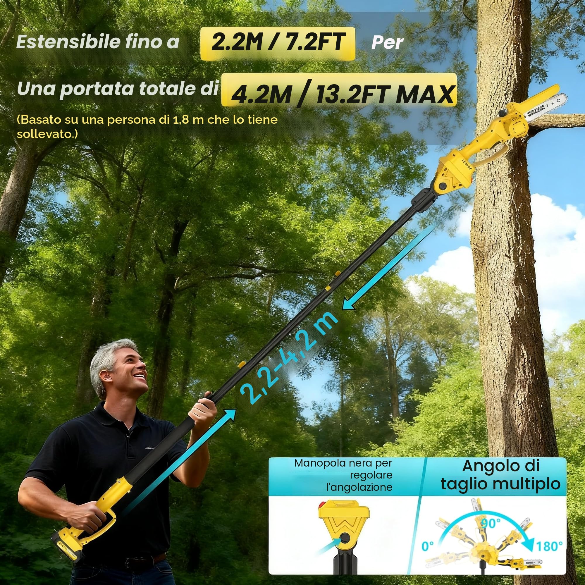 2-in-1 Mini Motosega a Batteria con Asta 2.2m Telescopica, 6 Pollici Motosega Telescopica Senza Spazzole con 2x2000mAh Batterie, Altezza Di Lavoro 5m, per Aziende Agricole, Frutteti, Giardini