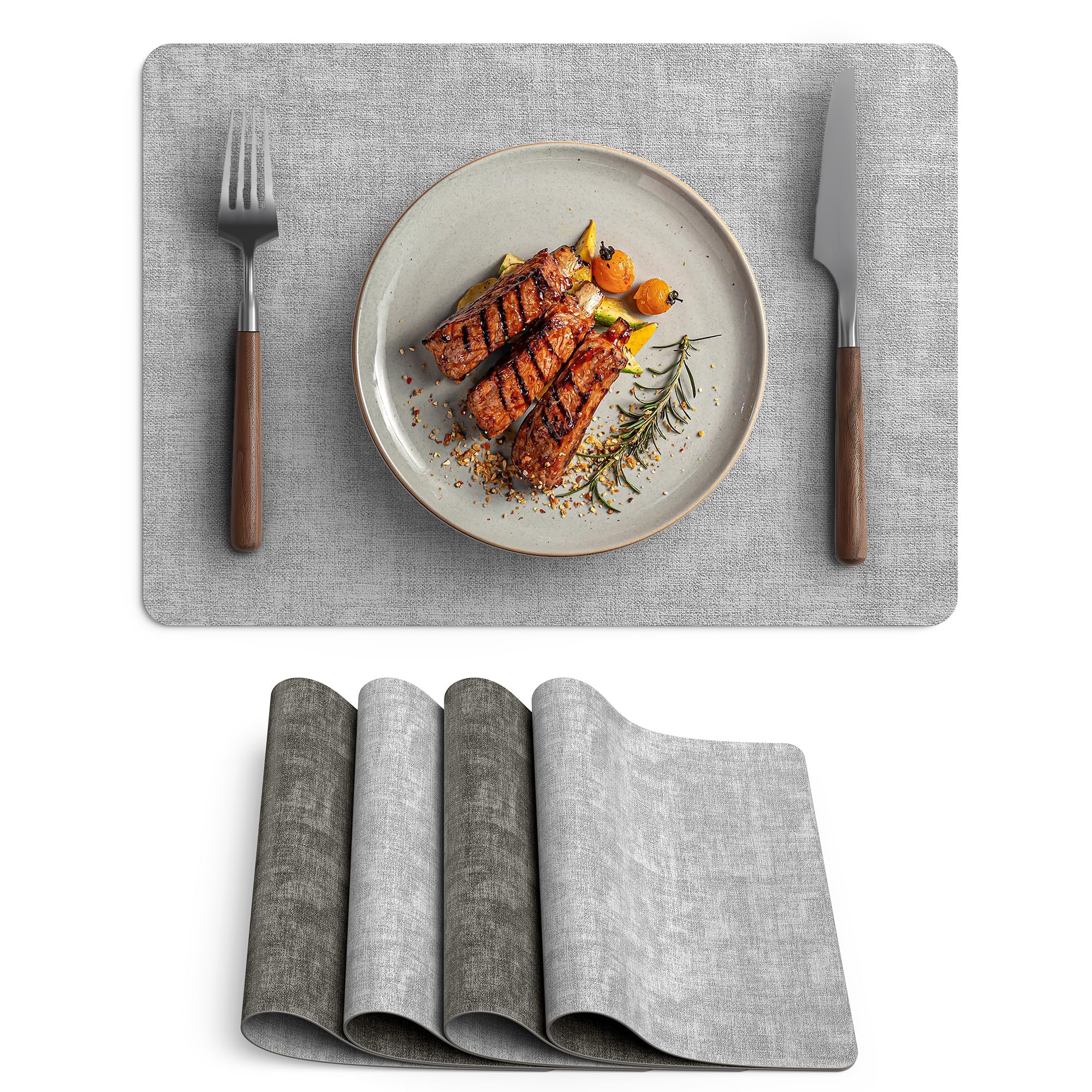 Faux Leather Vinyl Placemats Set of 4 Wipeable Heat Resistant Place Mats 100% Washable - Waterproof - Anti Slip Reversible Table Mats for Kitchen/Dining/Party, 12" x 16.5", Smokey Grey & Dark Grey