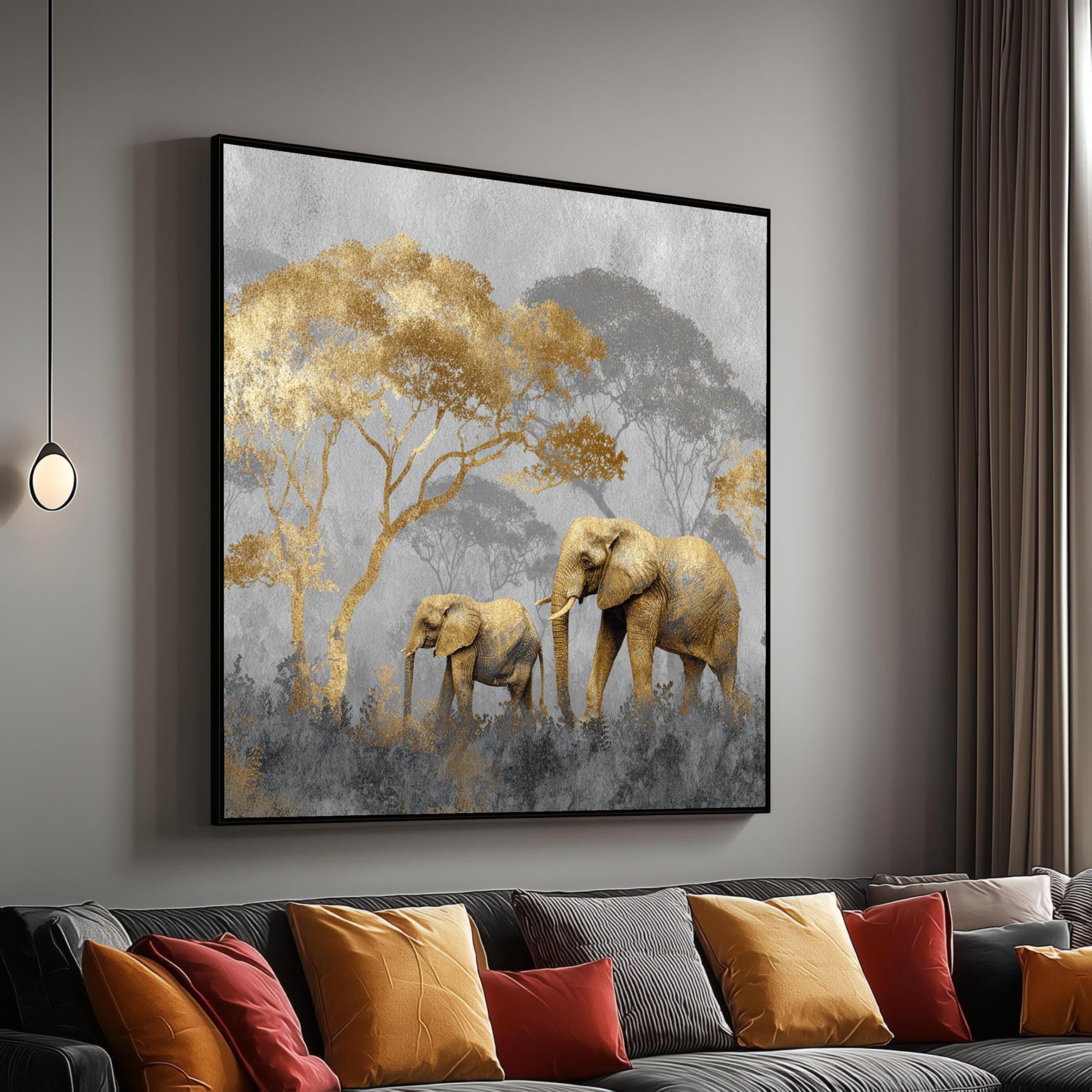 XINBAO Złote słonie rodzina płótno dekoracyjne safari pejzaż malarstwo dekoracja drzewa dzikie zwierzęta płótno dekoracja domu (60 x 60 cm / rama wewnętrzna)