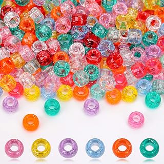 1000PCs 6x9mm Pony Beads Bulk, Assorted Glitter Colors Plastic Kandi Craft Beads for Jewelry Making Friendship Bracelets Hair Braiding Keychains Scoubidou Loom Bands DIY Crafts