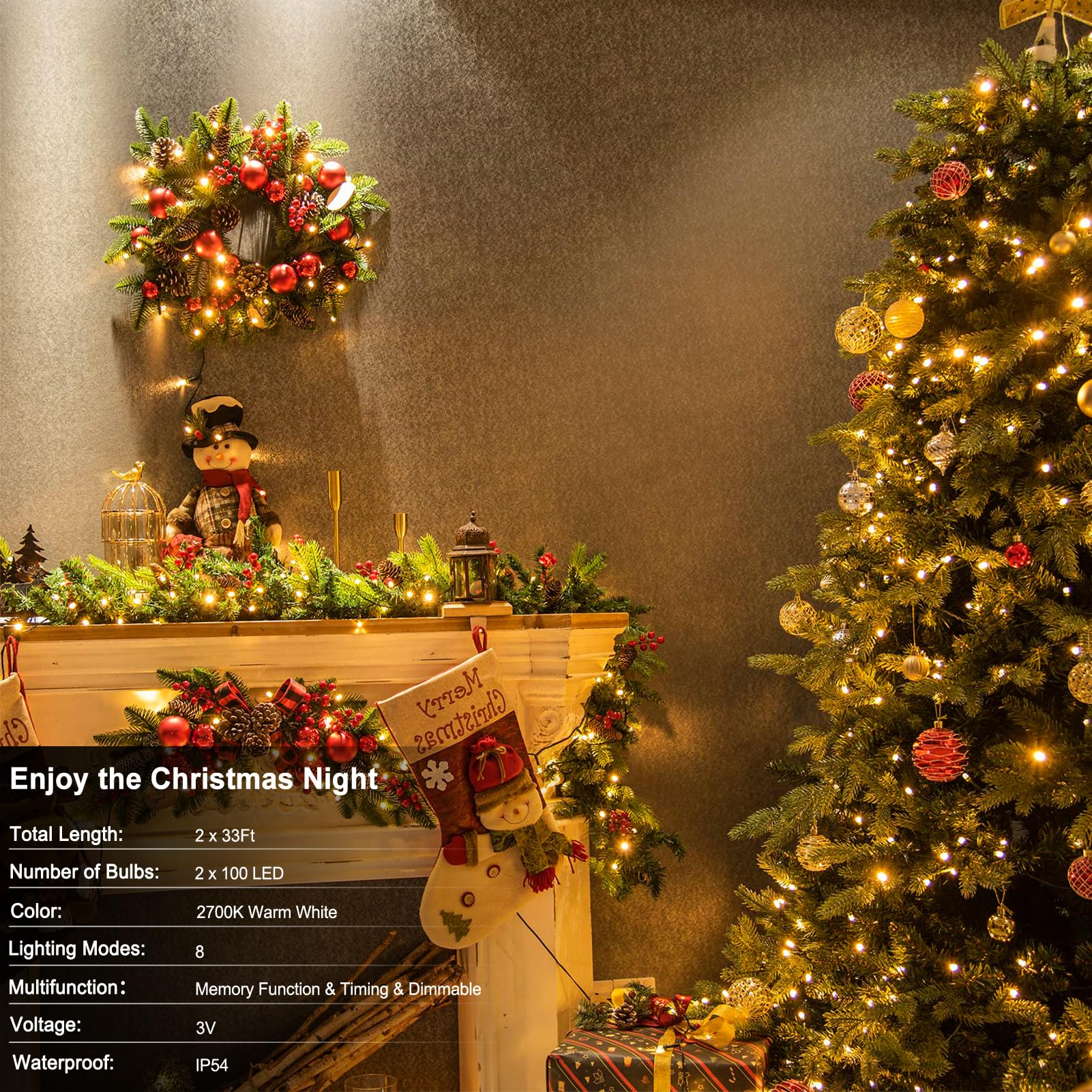 echosari Paquete de 2 tiras de luces que funcionan con pilas, 33 pies, 100 luces LED impermeables, alambre verde, luces de árbol con control remoto, temporizador de 8 modos para decoración de boda