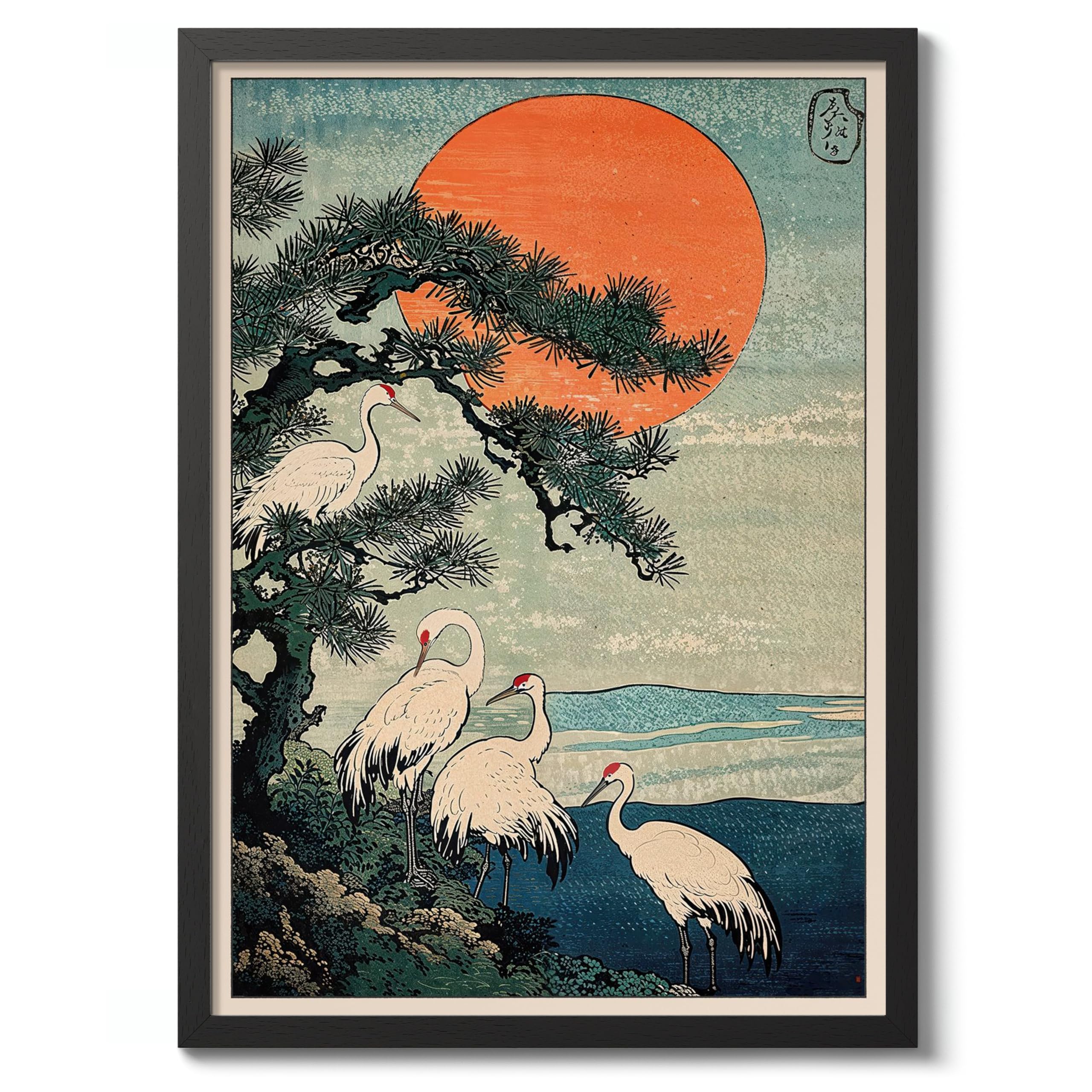Woodblock Cranes Anime Woodblock Poster Print, Cartoon Manga Edo Aesthetic Wall Art Japanese Wall Art Bedroom Home Decor, A3 (Black Frame) - 45x32.8cm โ image 1