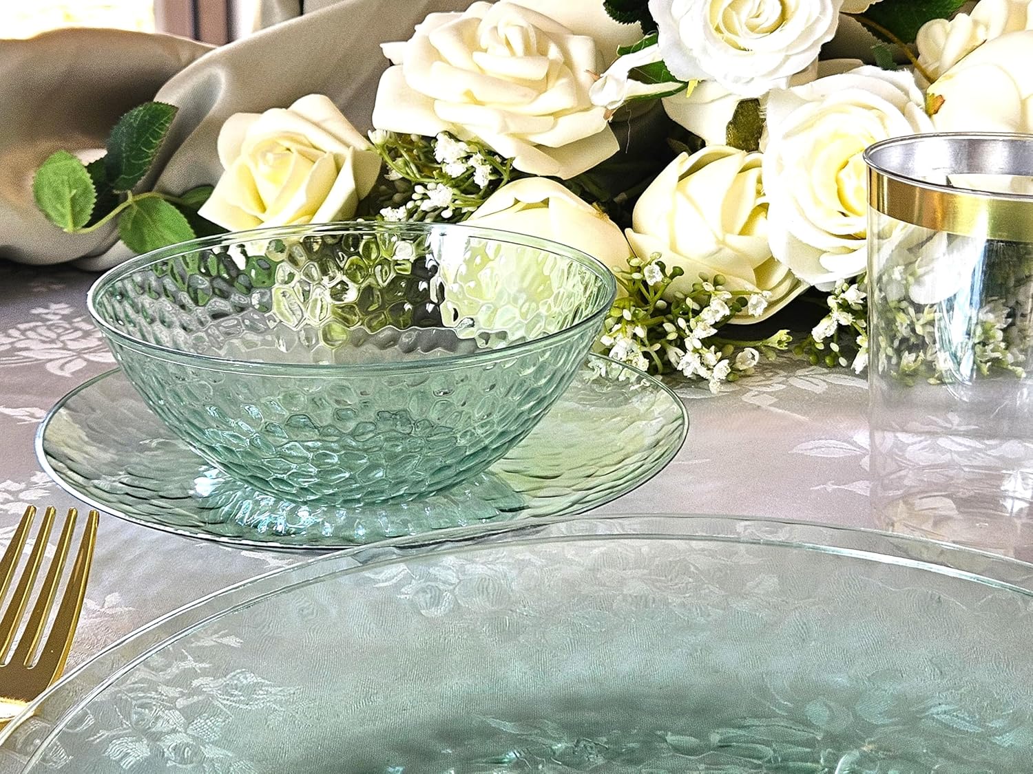 " OCCASIONS " 50 Plates Pack (25 Guests)-Heavyweight Wedding Party Disposable Plastic Plate Set -25 x 10'' Dinner + 25 x 7'' Salad/dessert plates (Coastal Clear Green) - Image 8