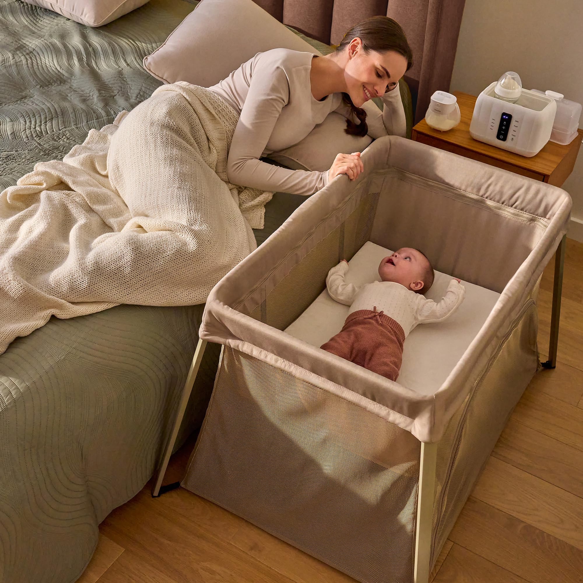 lionelo Lit de Voyage Bébé Parc Enfant 3en1 Alice de 0 à 15 kg Matelas en Mousse, 2 Niveaux de Hauteur, Pliable, Petit, Léger, Entrée Latérale, Sac de Voyage (Beige)