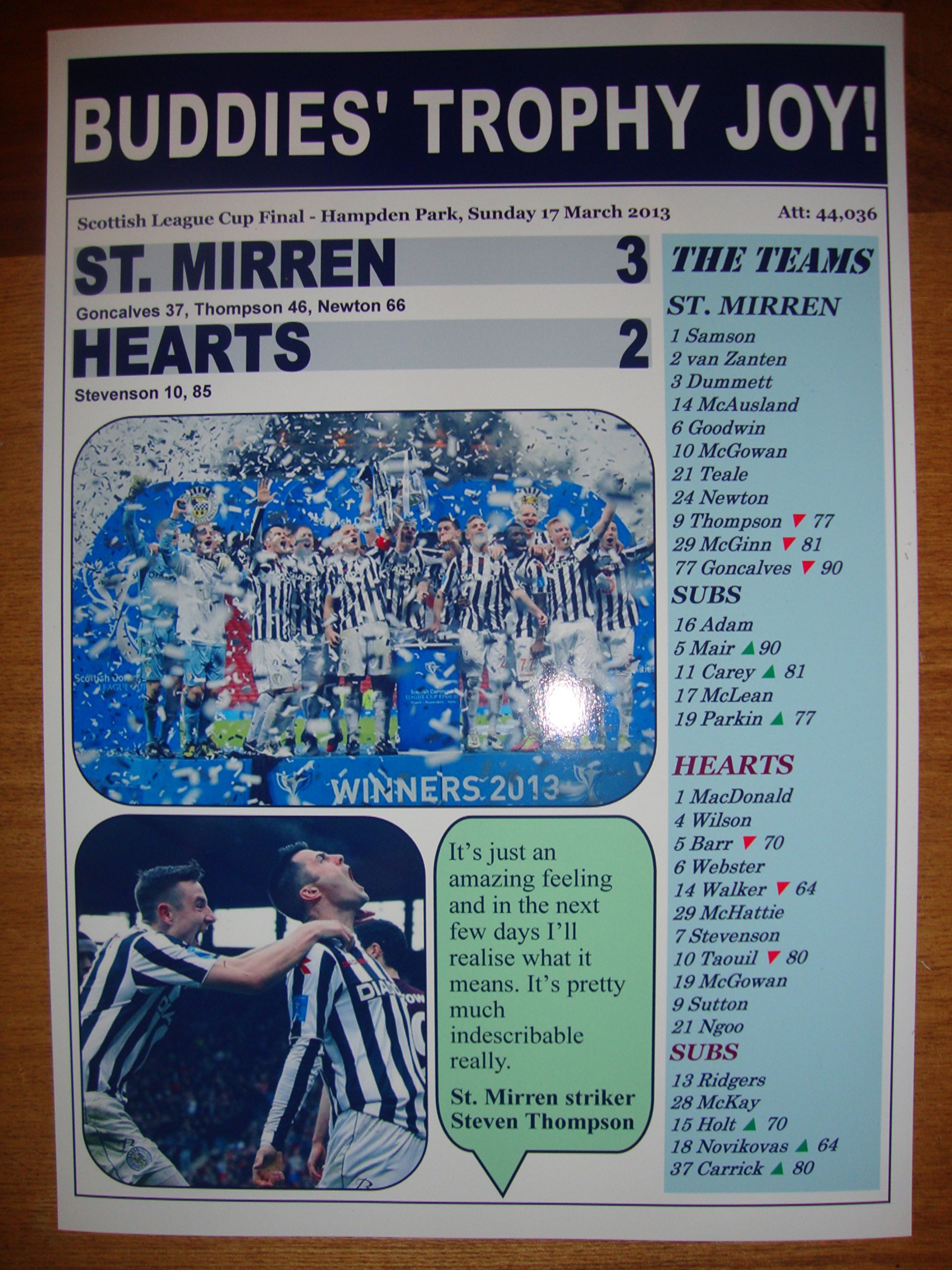 Lilywhite Multimedia St Mirren 3 Hearts 2-2013 Scottish League Cup Final - Souvenir Print