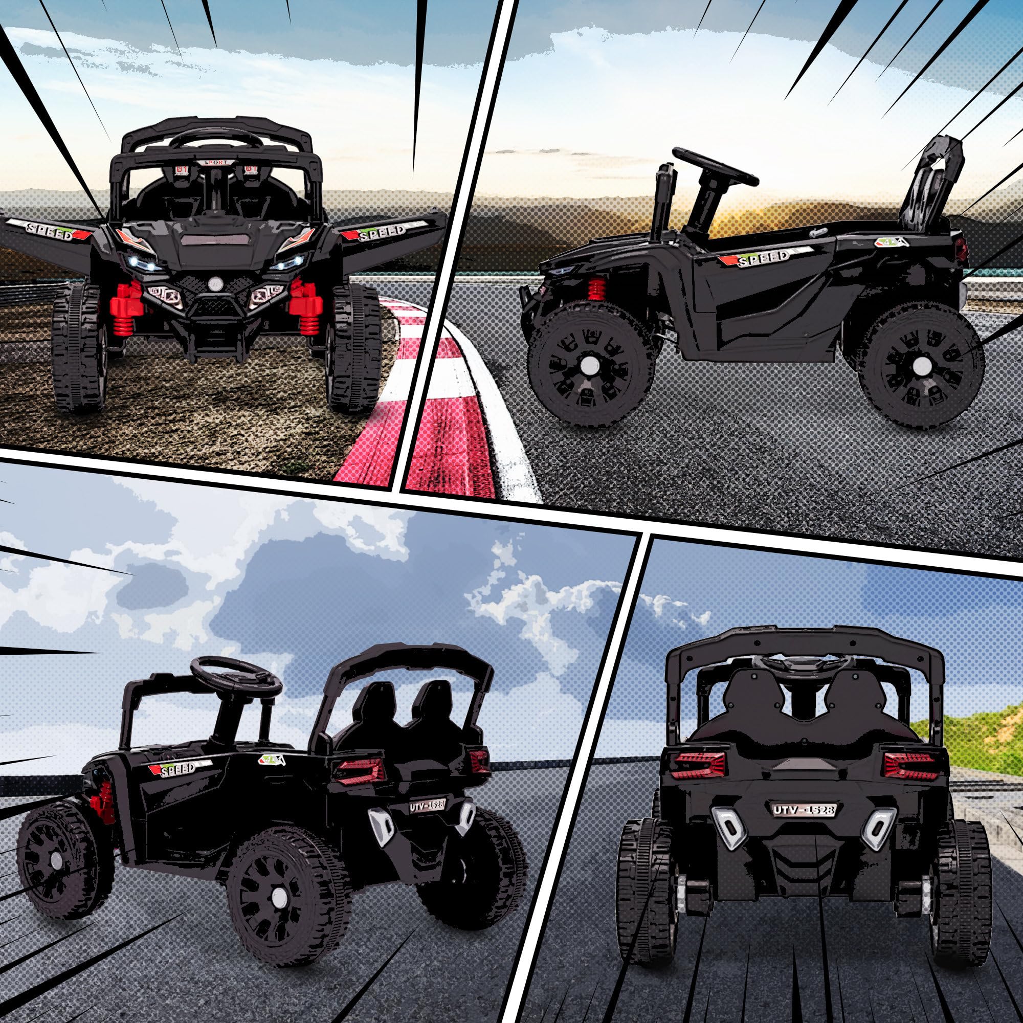 AIYAPLAY Coche Eléctrico para Niños 12V, UTV con 2 Motores, Control Remoto 2.4G, 3-5 km/h, Suspensión Trasera, Faros, Música, para Niños de 3-5 Años, Negro