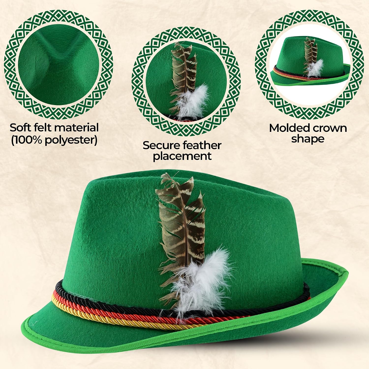 TRENDS Bavarian Oktoberfest Alpine Hat – Traditional Felt Fedora with Feather & Trim – Costume Accessory for Adults