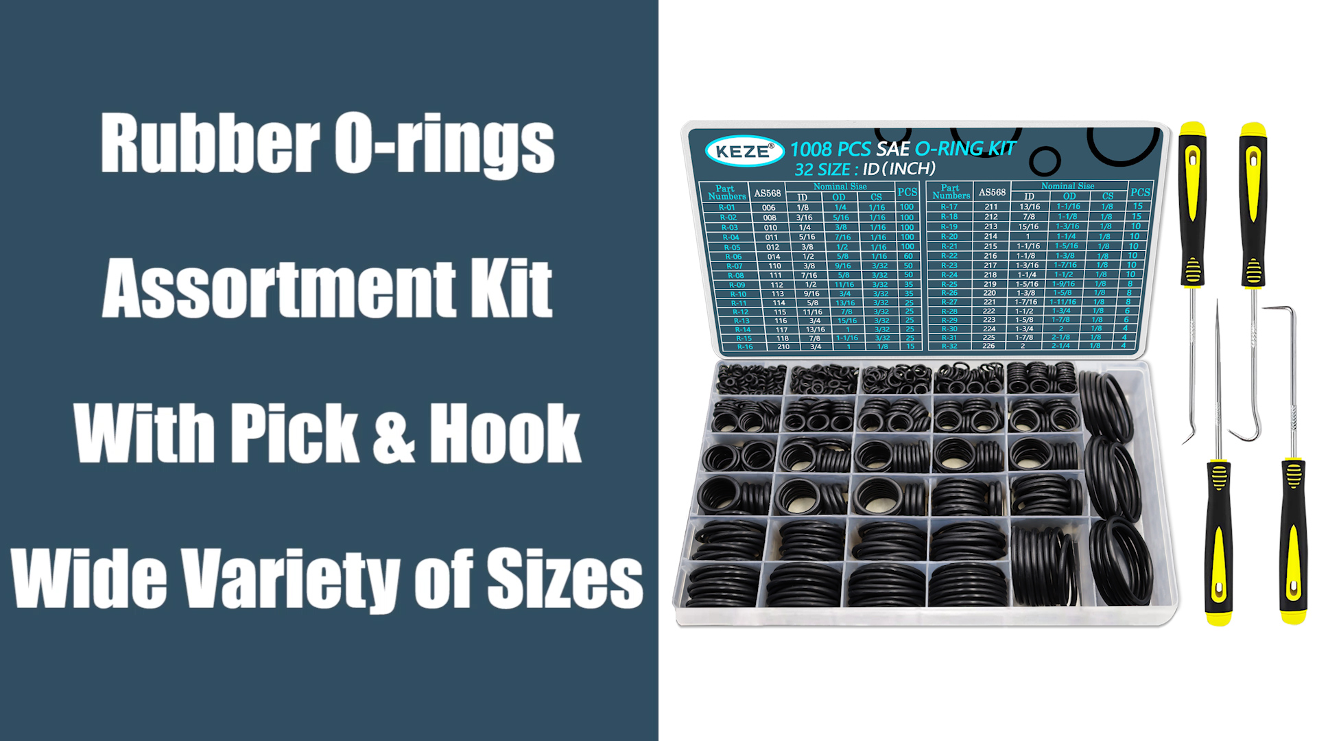 KEZE 1008 Pcs SAE O Ring Kit,32 Sizes USA Standard Nitrile 70A