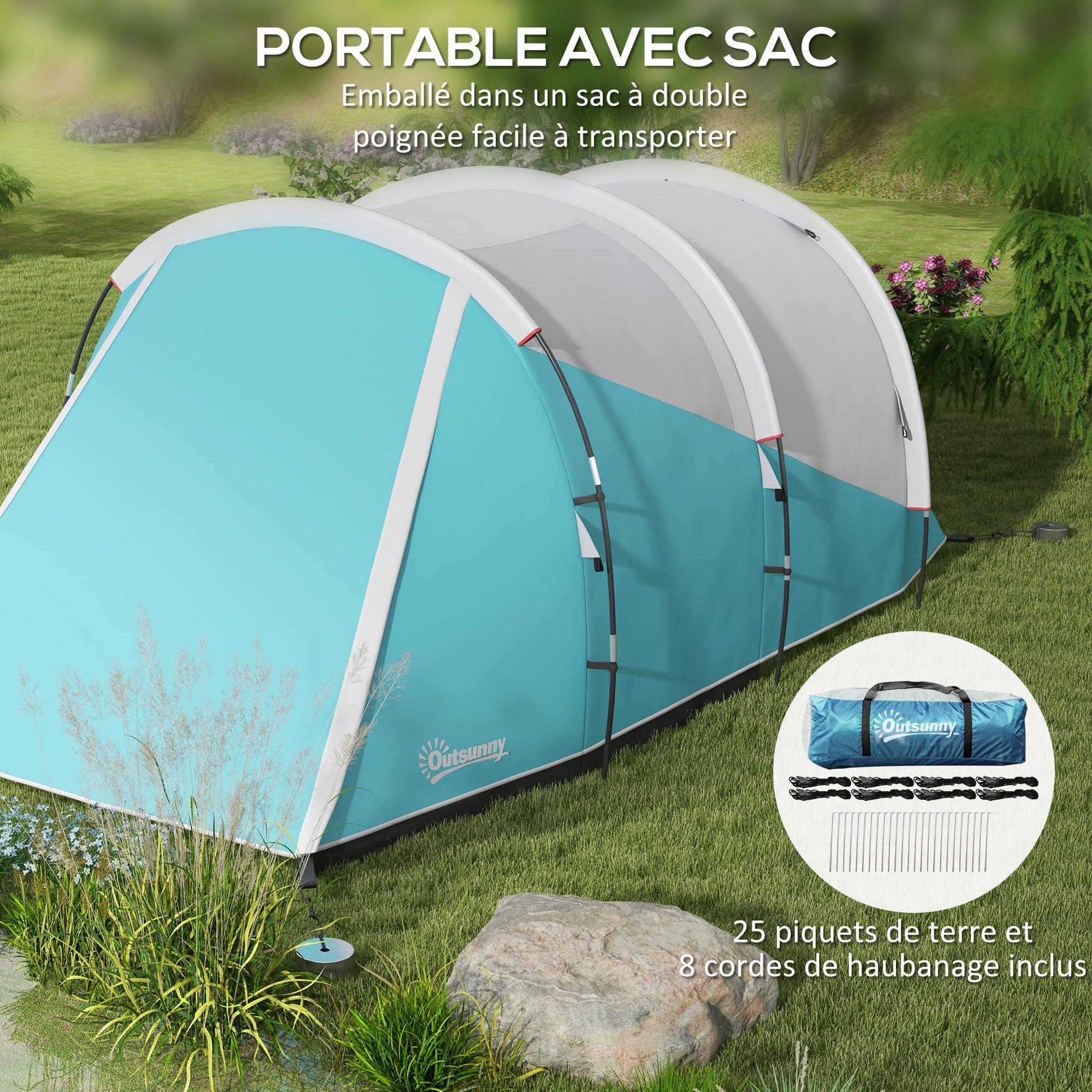 Outsunny Tente de Camping familiale 4-5 Personnes, Tente Tunnel imperméable, 2 Portes + fenêtres, ventilée, Facile à Monter, 4,6 x 2,6 x 1,9 m, Bleu