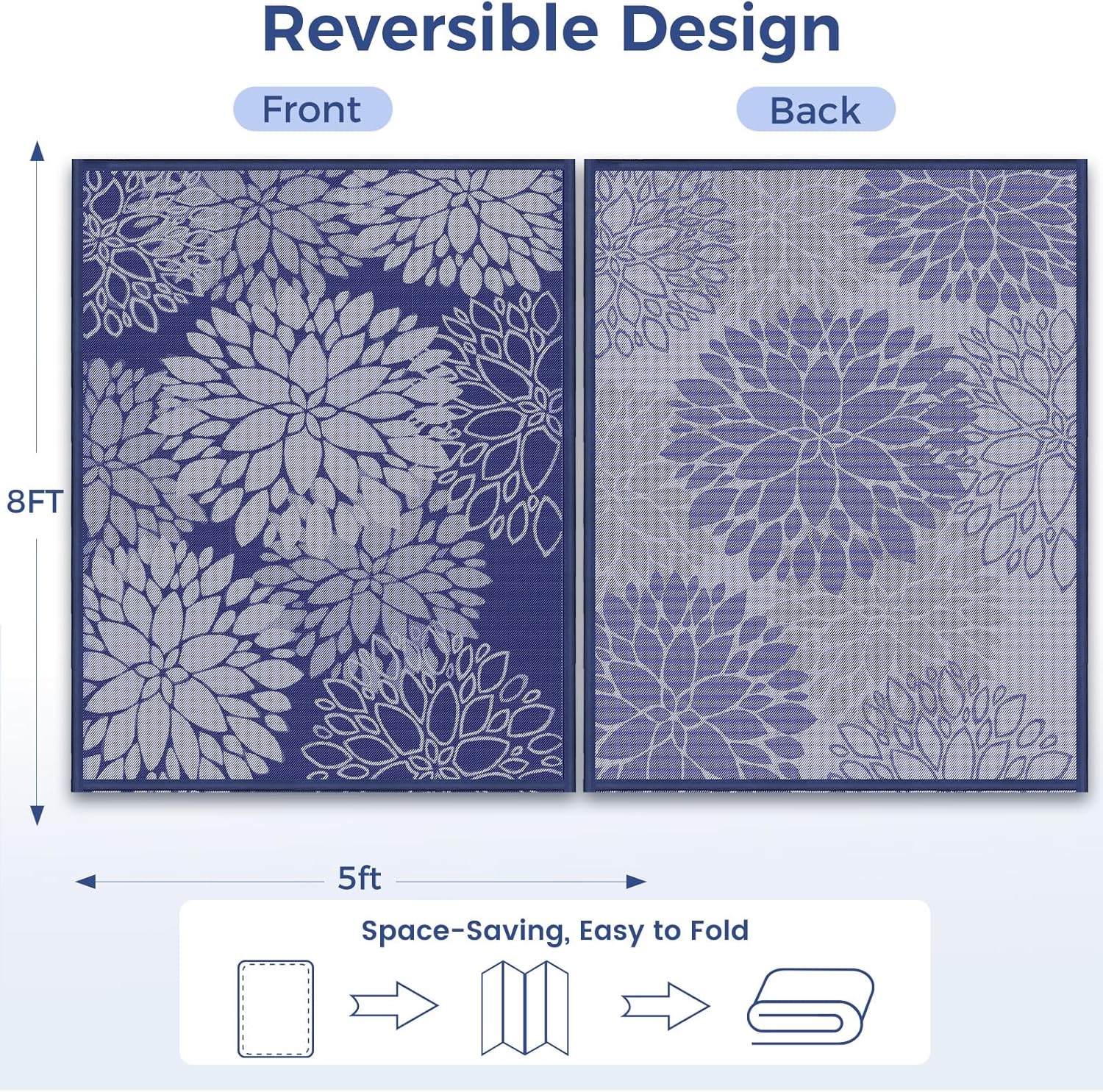 Mattitude Outdoor Rug 8' x 10' Waterproof, Reversible Portable Plastic Straw Area Rugs, Patio Carpet for RV Camping, Porch, Deck, Backyard, Camper, Pool, Picnic, Blue & White