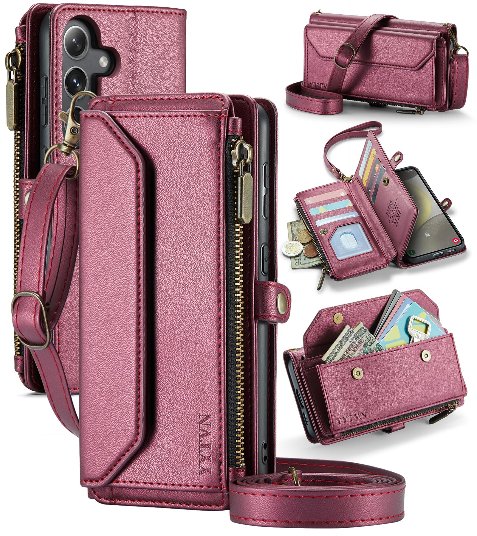 YYTVN for Samsung Galaxy S24 Plus Wallet Case with Zipper Card Holder & Crossbody Lanyard Strap & Wrist Strap, RFID Blocking PU Leather Magnetic Flip