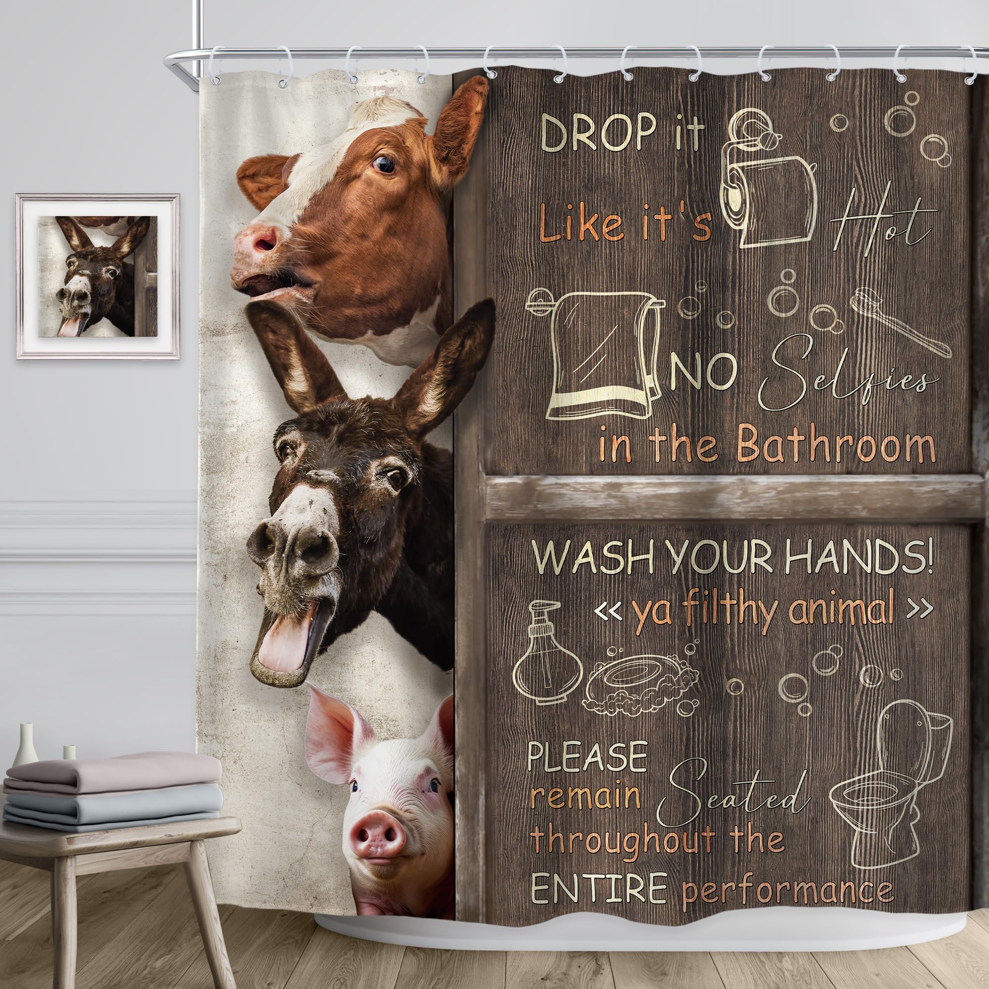 Glawry Duschvorhang 'Esel-Schwein' – 152x183 Cm, Bauernhaus-Design, Wasserdicht, Polyester, Mit 12 Haken