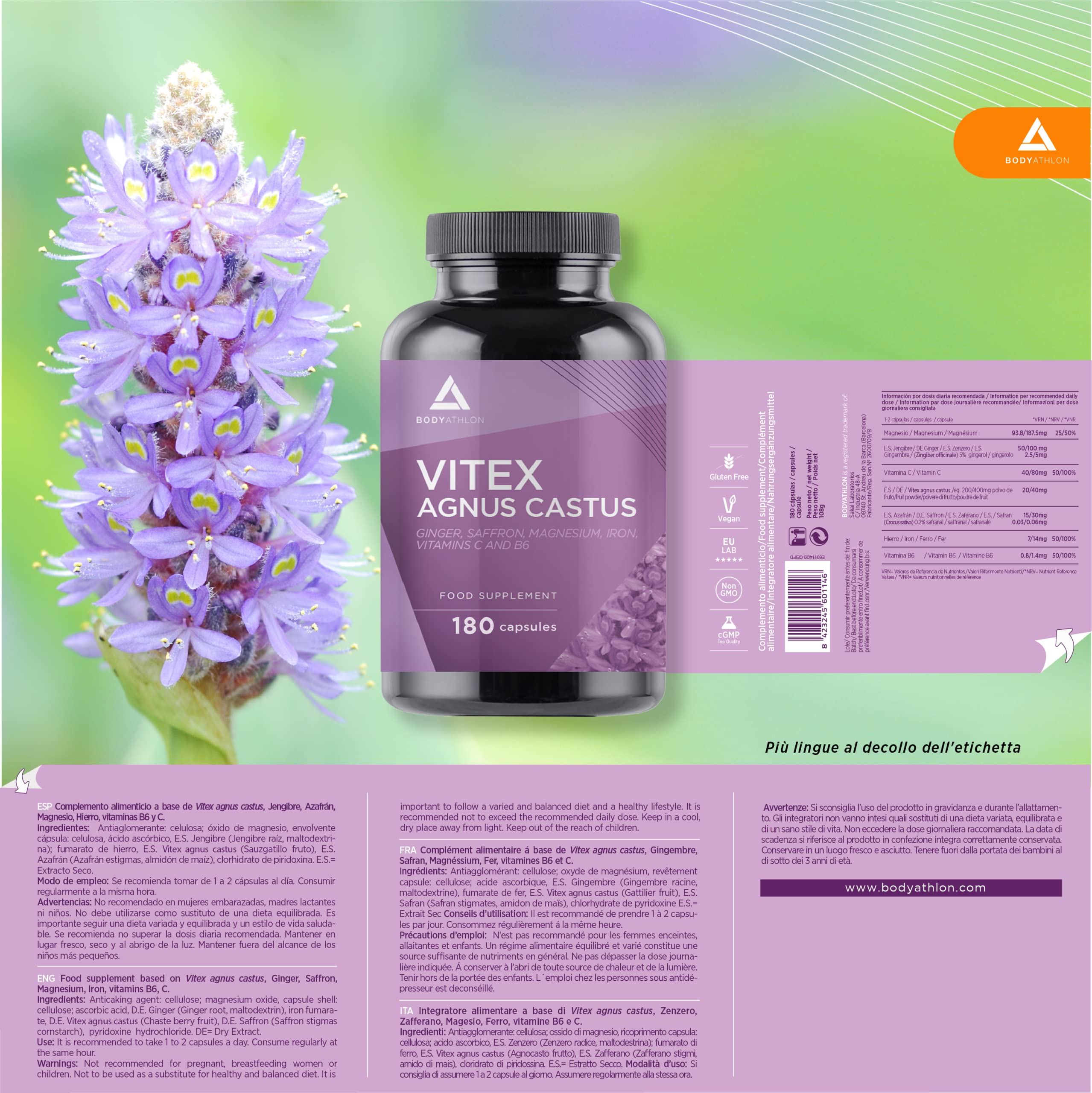 Agnocasto 20mg 180 Capsule- Estratto 10:1- Vitex Agnus Castus- Complex con 7 ingredienti- Integratore Ciclo Mestruale, Squilibrio Ormonale, Sindrome Premestrual- Female balance- Bodyathlon