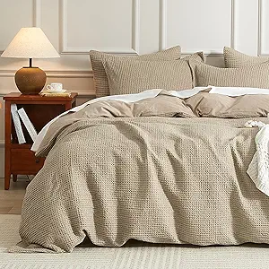 SE SOFTEXLY Waffle Duvet Cover King, 100% Cotton Waffle Weave Bedding Duvet Cover Set, Soft and Breathable Comforter Cover for All Season, 3 Pieces Including Pillow Shams(Khaki, 104”x90”)