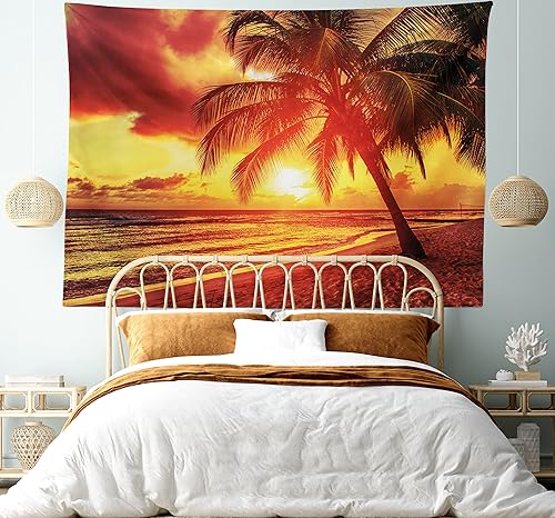 Miniatura 5 de Lunarable Tapiz de playa tamaño King, puesta de sol en la playa tranquila con palmeras, vista panorámica exótica de la isla caribeña de Barbados,