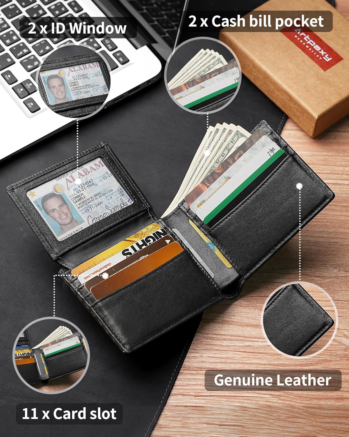 Mens Wallet Bifold Genuine Leather RFID Blocking Wallet for Men with 2 ID Windows 11 Card Holders 2 cash pockets 1 Gift Box - Image 5