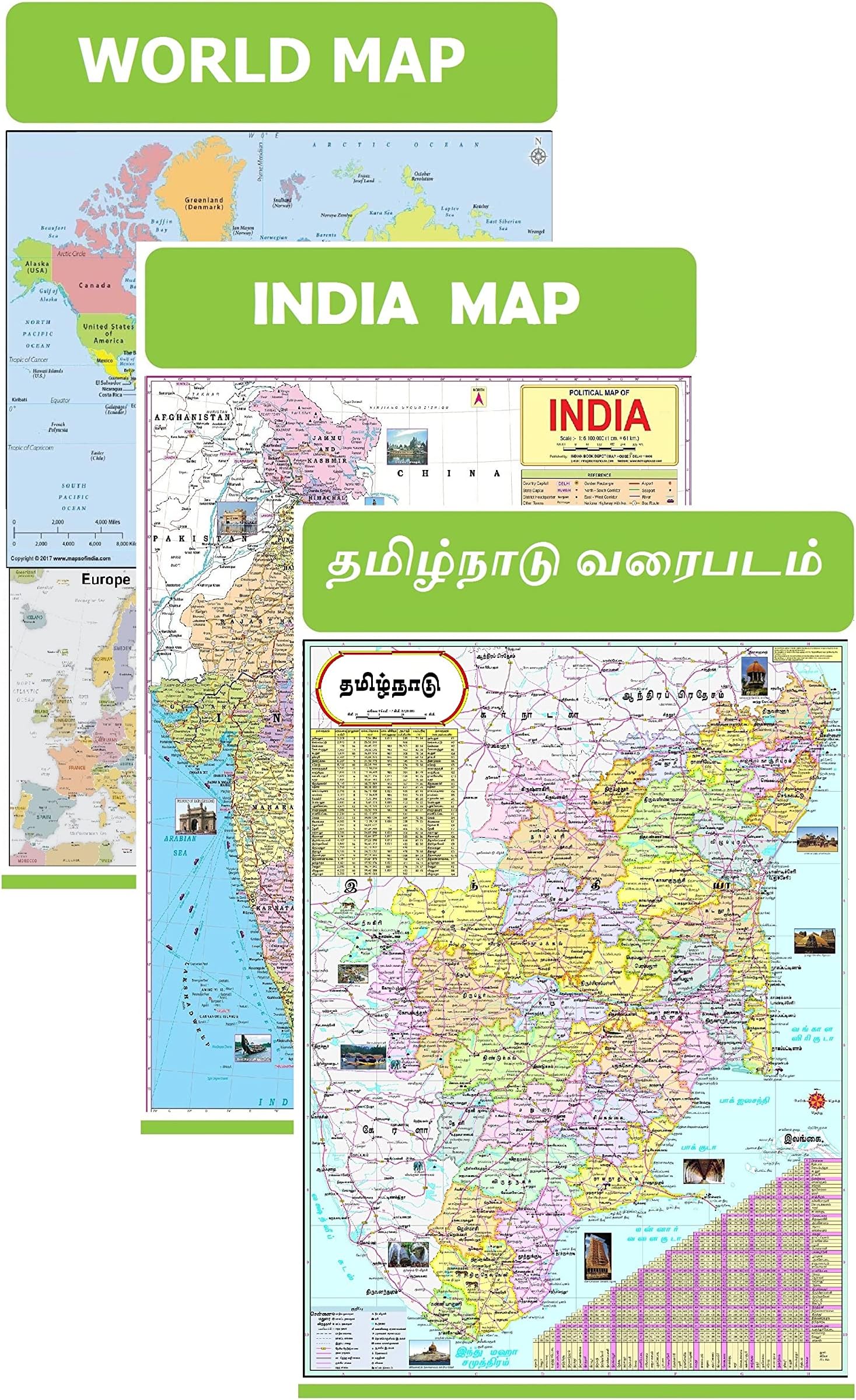 Tamil Nadu Map, India Map & World Map 47x65 cm (19x26 Inch) Mega Size (3 Charts) - Laminated Early Learning Education Wall Picture Chart | Tamil Nadu, India and World Political Map