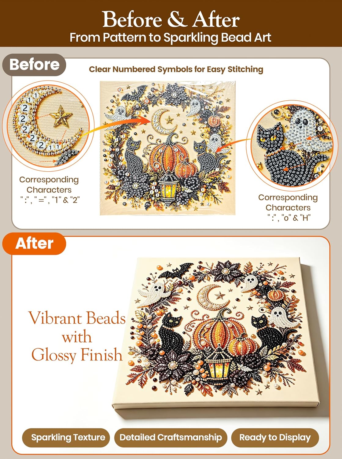 YTSC FF Halloween Ghost Pearl Art DIY Kit with Frame,Cute 3D Pearl Mosaic Craft Set for Adults & Beginners,Spooky Ghost Pumpkin Canvas Art For Fall Home Decor,Wall Art For Gift Size 7.8*7.8 Inch(A11) image 2