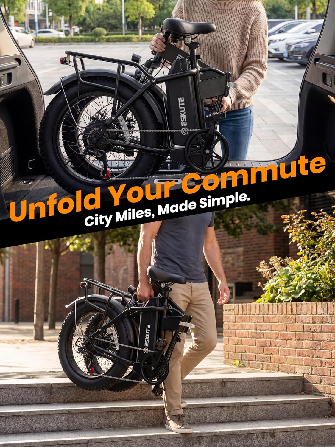 ESKUTE D300 Electric Bike for Adults, 48V 20.8Ah Removable Battery, 20x4 Fat Tire Foldable Ebike with 1200W Peak Motor, Folding E Bike with 7‑Speed, 28 MPH, up to 80 Miles, NFC Unlock