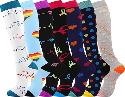 Calcetines de compresión (7 pares) para mujeres y hombres Circulación 20-30 mmhg El calcetín alto hasta la rodilla es el mejor apoyo para atletismo Correr, Ciclismo