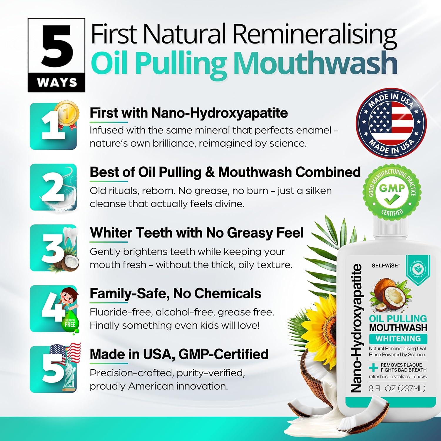 Nano-Hydroxyapatite Oil Pulling Whitening Mouthwash for Teeth and Gums, Natural & Organic, Whitens Teeth, Strengthens Enamel, Fights Bad Breath & Plaque – Smooth & Non-Greasy – for Adults & Kids 8oz - Image 3