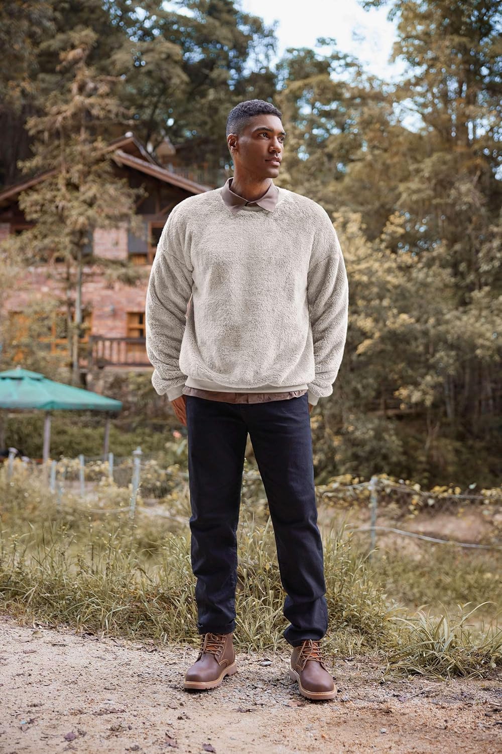 Mens Fuzzy Sherpa Sweatshirt Long Sleeve Fluffy Crew Neck Pullover Cozy Basic Unisex Fall Winter Warm Tops - Image 4