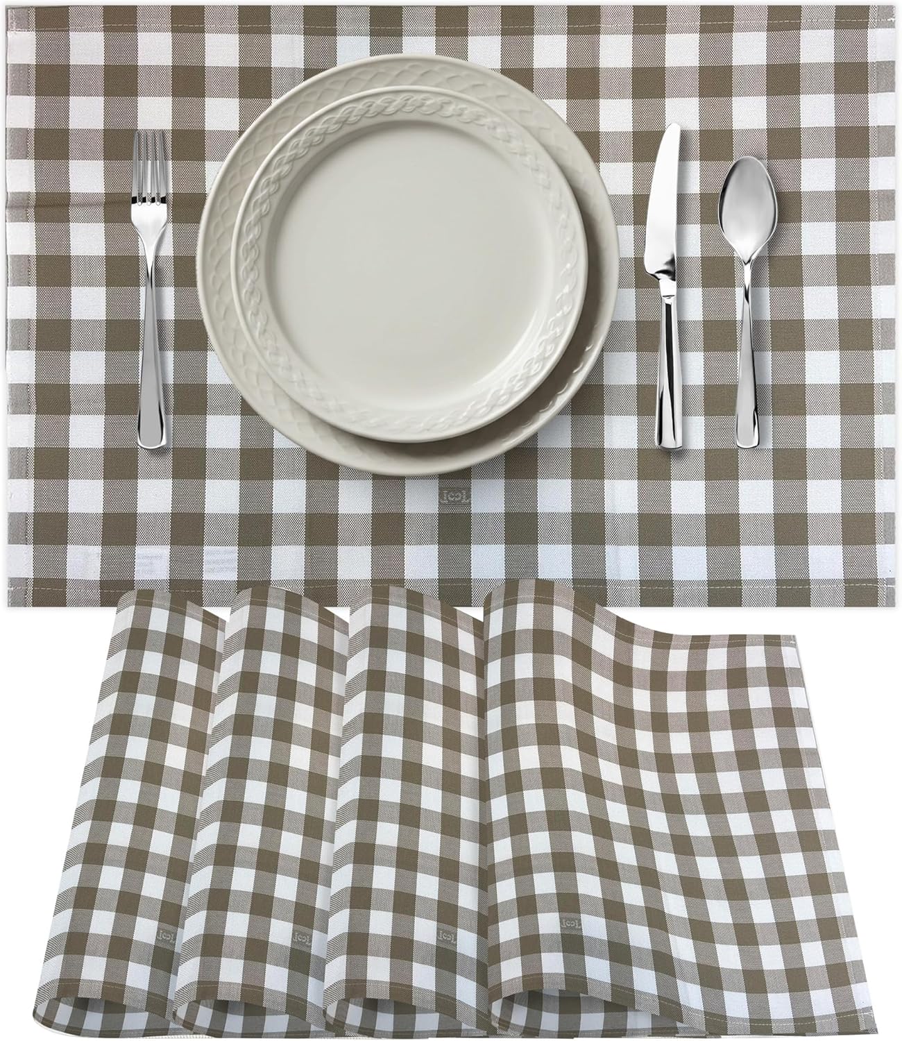 Premium Gingham Check Cloth Placemats by Carlo Lamperti Italy (Set of 4) 100% Cotton Taupe Plaid Place Mats, 20x14 Jacquard Woven Cloth Stain Release Fabric for Dining Table, Machine Wash