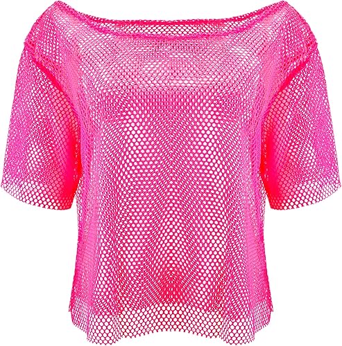 Jadive Camiseta de red de neón de los años 80 para mujer, parte superior de malla, ropa de neón con hombros descubiertos, disfraz retro de discoteca