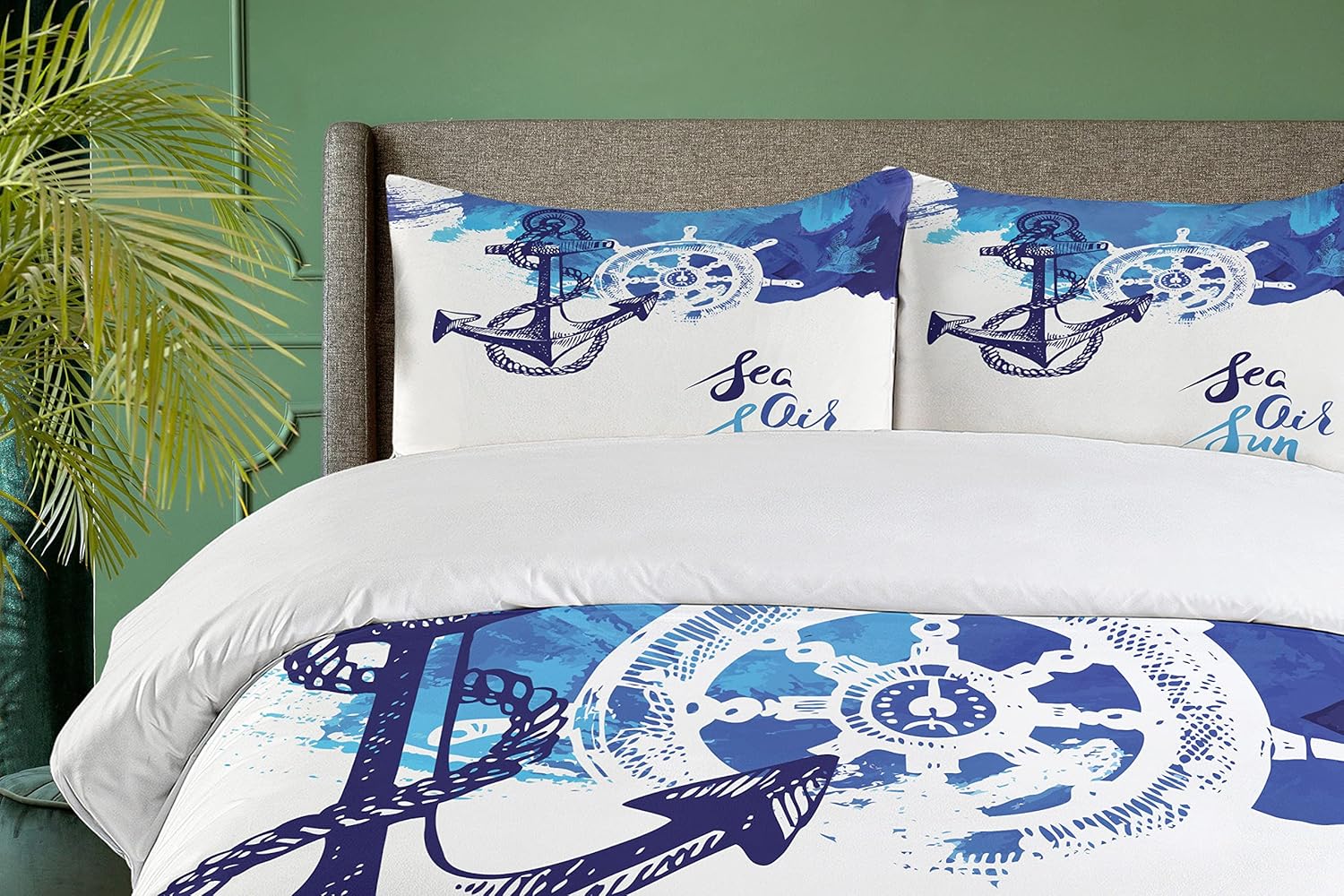 Ambesonne Nautical Duvet Cover Set, Vivid Ocean Back with Paint Effects with Wind Rose and Rudder Cruise Image, Decorative 3 Piece Bedding Set with 2 Pillow Shams, King Size, Shades of Blue King Shades of Blue