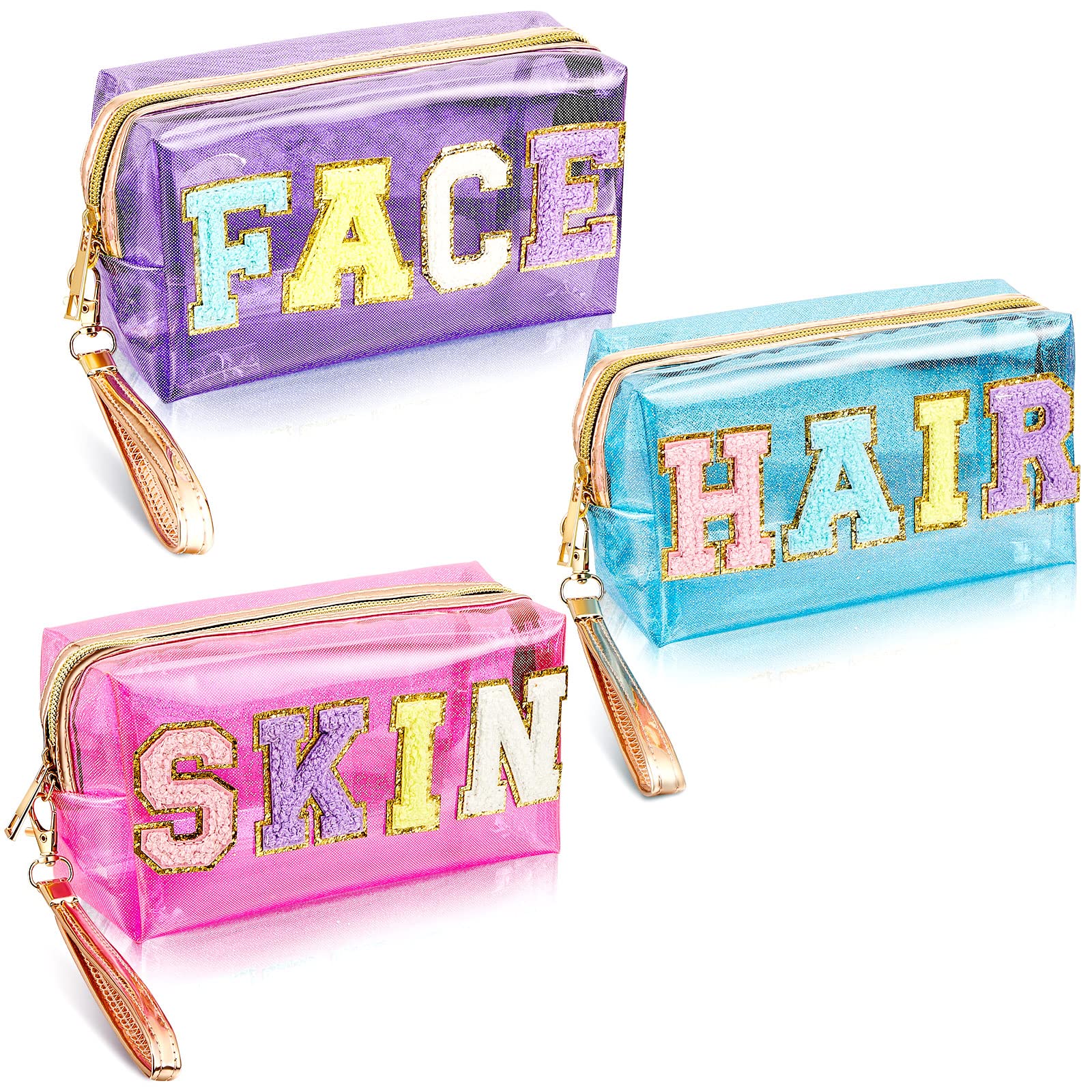 Amylove 3 Pcs Summer Preppy Makeup Bag Stuff Clear Cosmetic Preppy Bags Portable Cosmetic Summer Accessories for Teen Girls Women Gift Travel(Skin, Face, Hair)