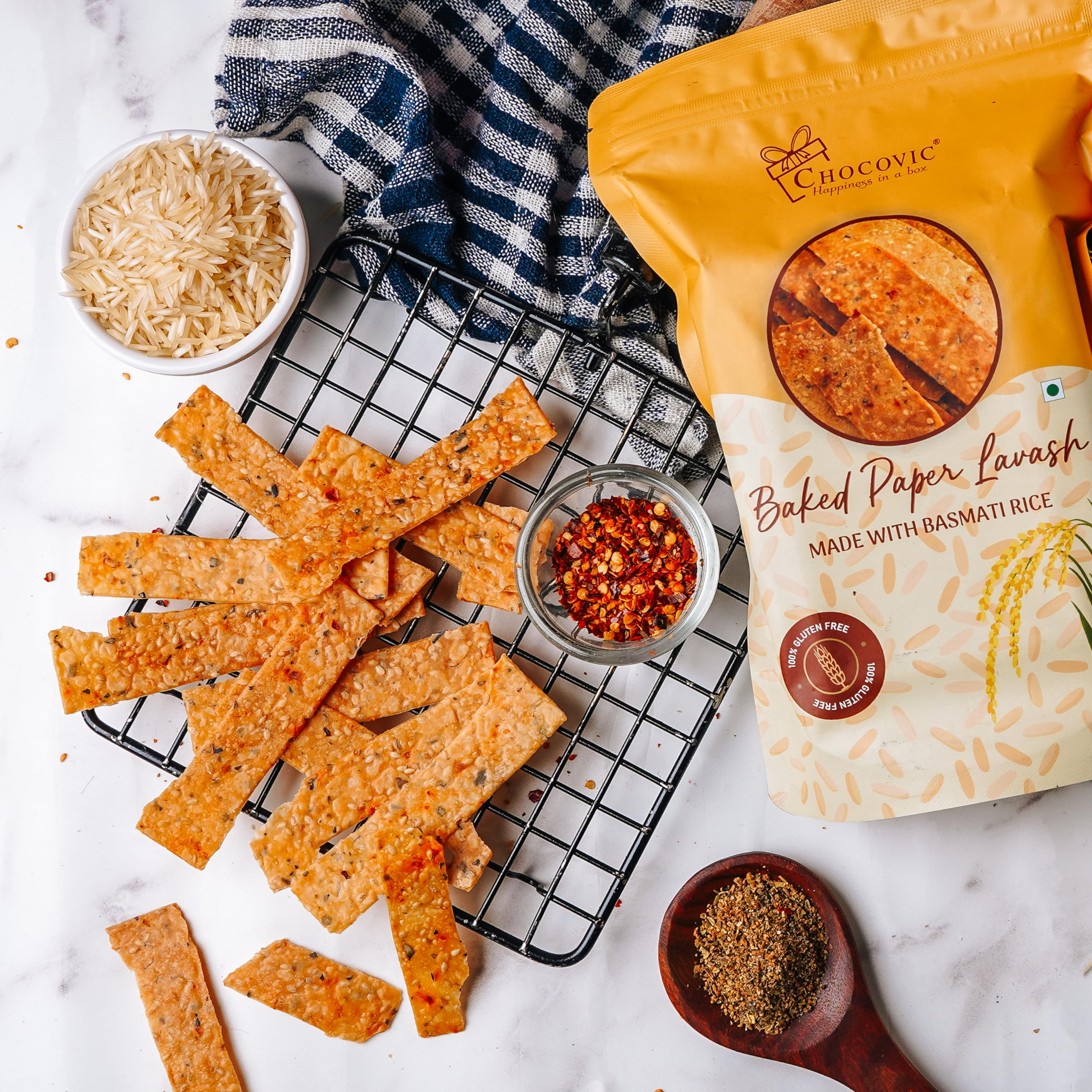 Chocovic Baked Paper Lavash - Crispy Rice and Chili Flavor (150g) | Crispy, & Crunchy | Baked Not Fried | Eggless Preservative-free & No Maida