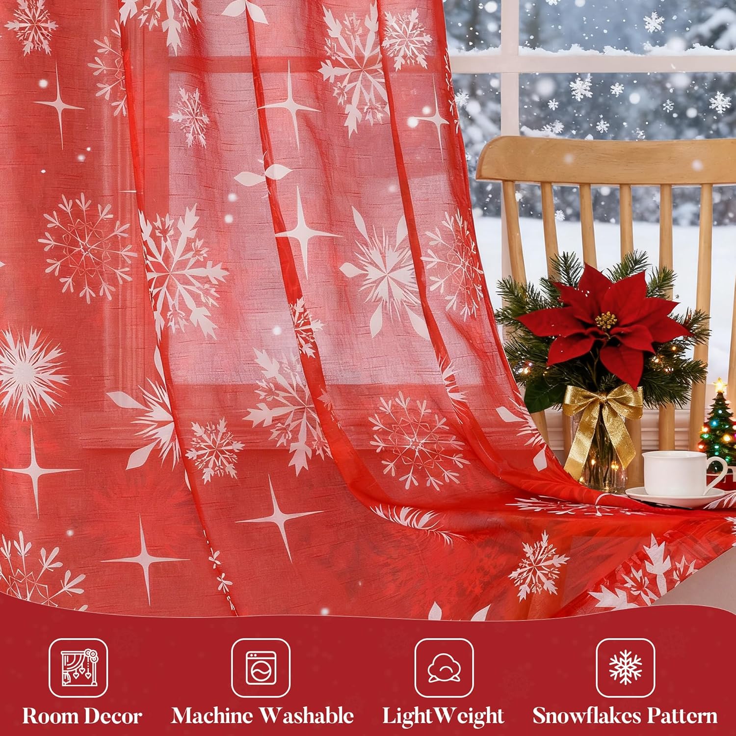 BROSHAN Red Christmas Sheer Curtains 84 inch Length- Xmas Holiday Bedroom Curtains 2 Panels Set White Snowflake Patterned Light Filtering Window Curtain Drapes for Living Room Decoration
