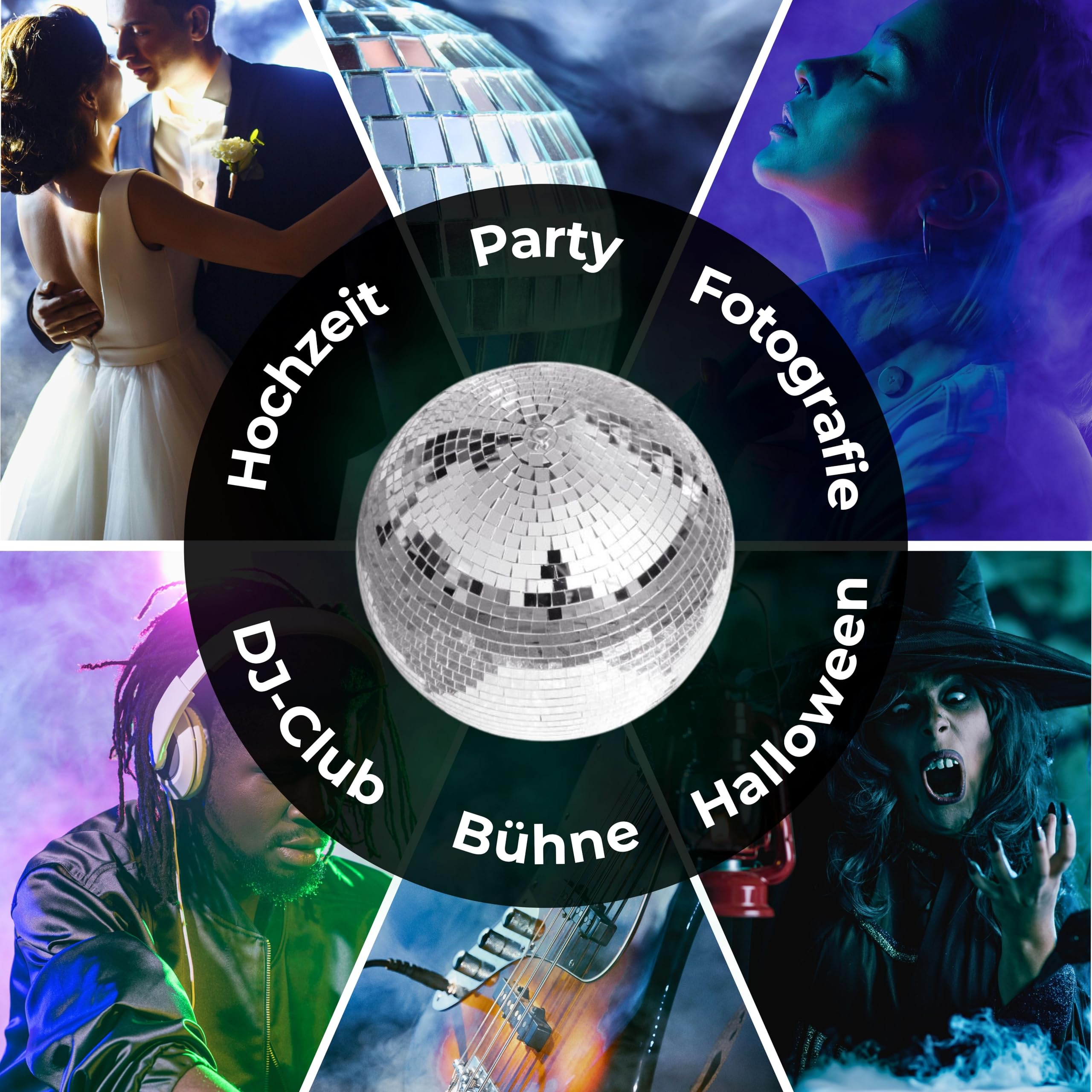 ETEC Professional DISCO20 Spiegelkugel 20cm Set mit LED Motor DISCOLIGHT BELEUCHTUNG Discokugel Disco Effekt Strahler silber batteriebetrieben mit 18 LEDs Partykeller DJ Club