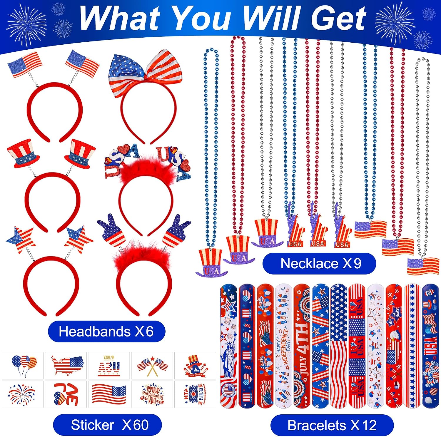 87 PCS 4th of July Accessories Party Favors Set, Patriotic Independence Day Decorations with Headbands Necklaces Bracelets Tattoo Stickers for Independence Day Celebrations Parade Classroom Supplies