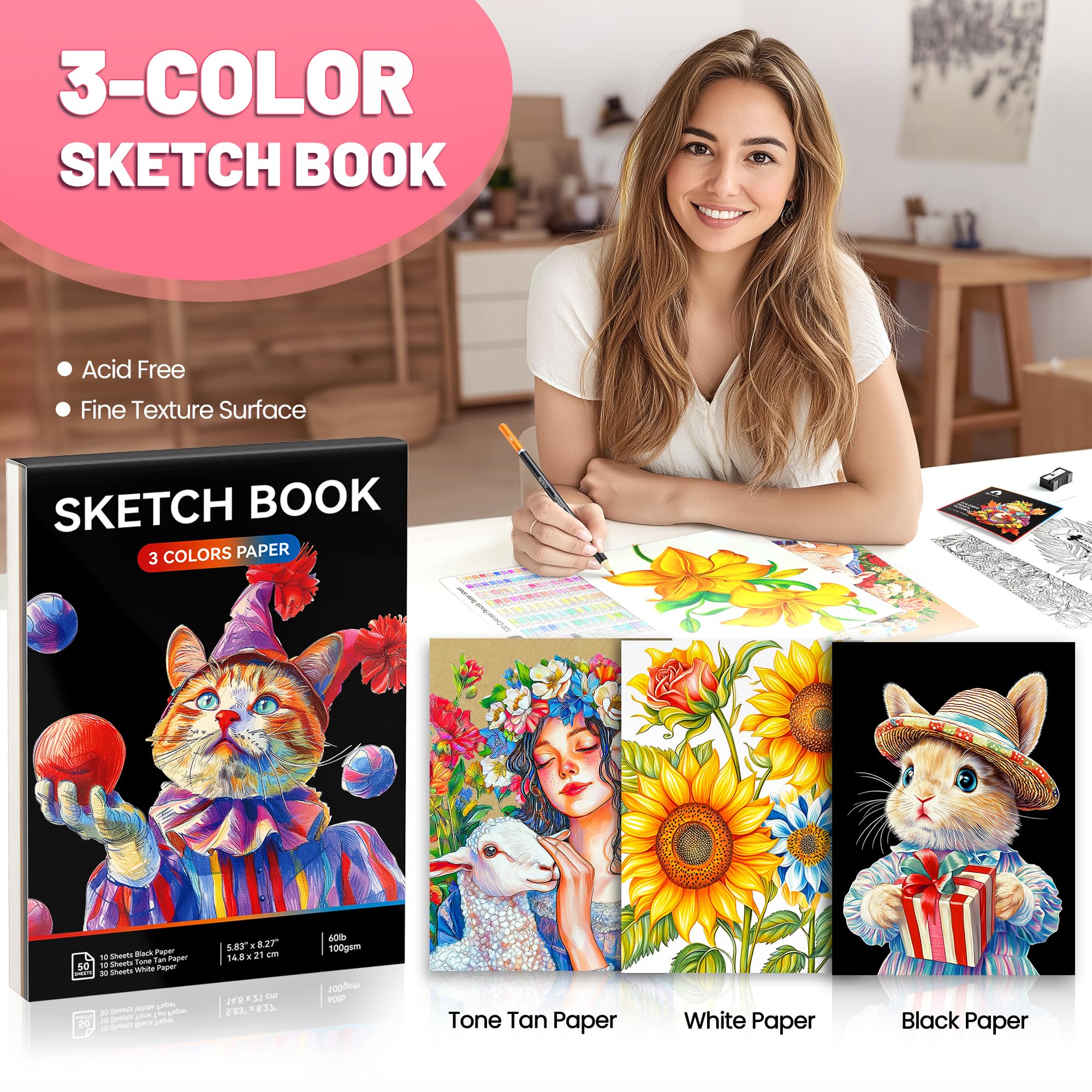 VigorFun Buntstifte-Set mit tragbarem Geschenketui, Kunstbedarf, 120 Buntstifte, 3-farbiges Skizzenbuch, Malbuch, Skizzenbuch, Spitzer, professionelle Zeichenstifte für Erwachsene und Kinder (grau)