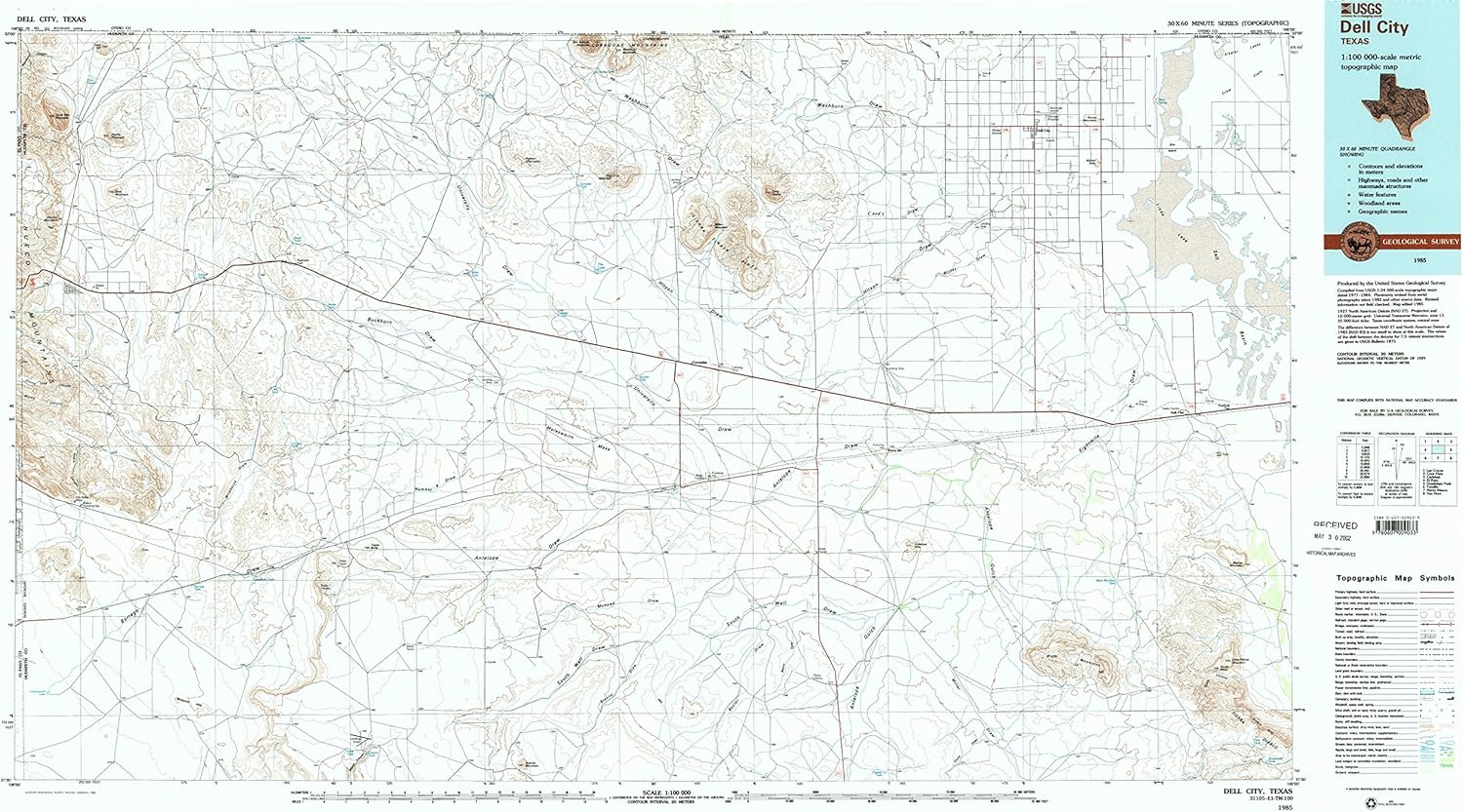 Dell City TX topo map, 1100000 Scale, 30 X 60 Minute