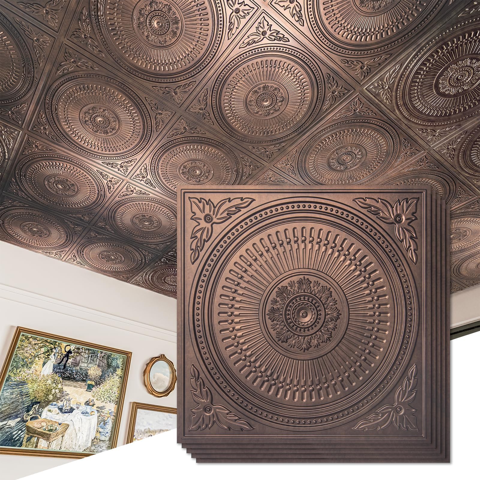 12-Pack Drop Ceiling Tiles 2x2 FT, Decorative Easy Install PVC Ceiling Panels for Interior Kitchen Bathroom Basement, 24x24 Inch, Antique Copper