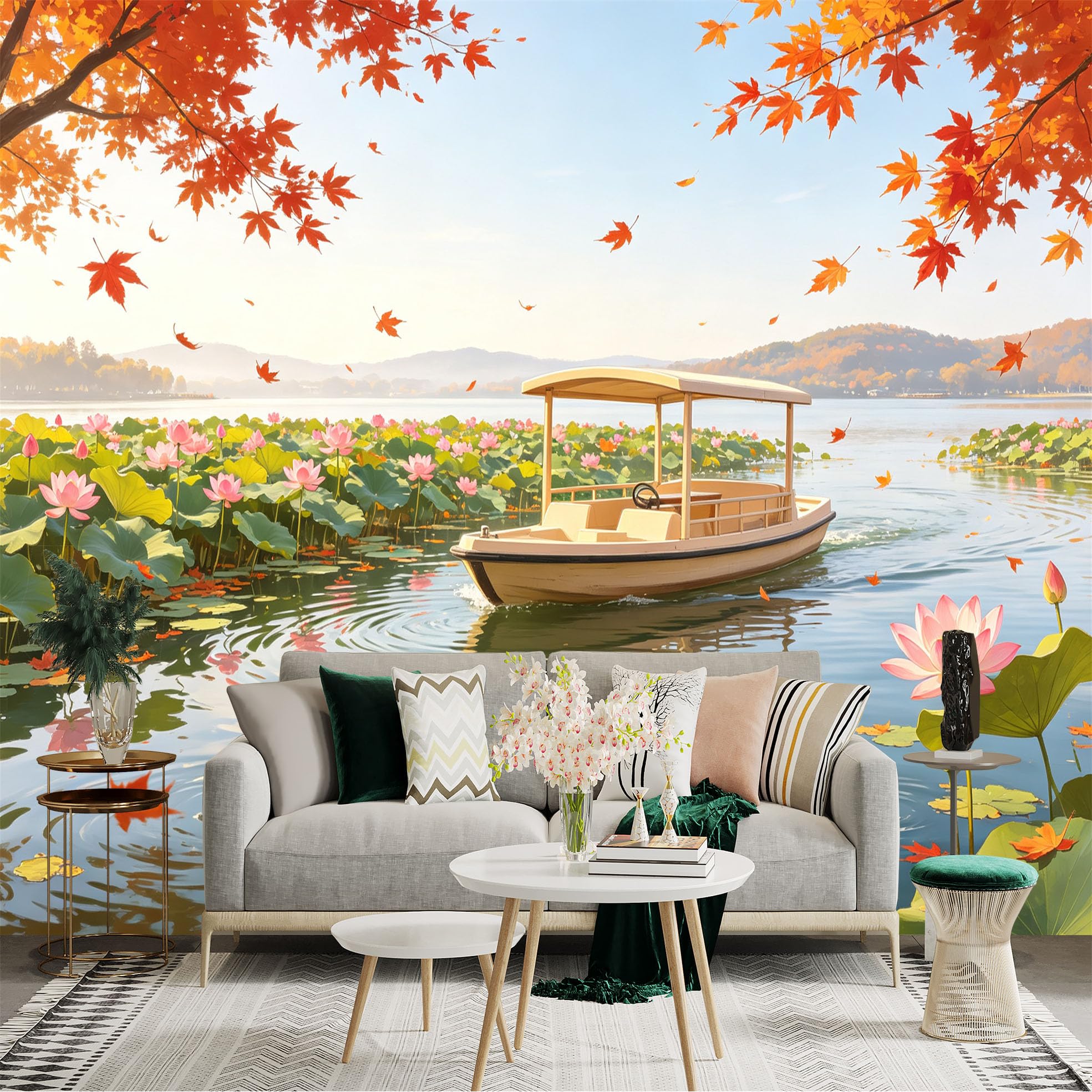 Custom Size Wall Sticker Mural， Autumn Lake Landscape， Floating Boat and Pink Lotus Flowers， Serene Nature Scene， for wall Decoration， peelandstick wall Decals.