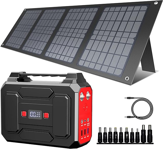 Powkey 99Wh/ 27000mAh Portable Power Station 100W Camping Power Pack with 40w Solar Panel Emergency Power Supply for Outdoors, Camping, Emergency