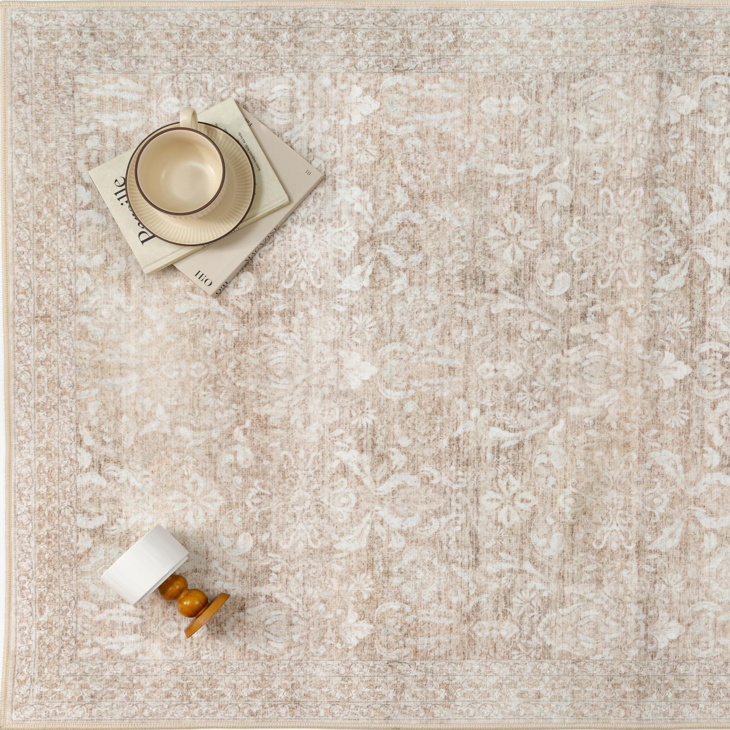 PureCozy 8x10 Area Rug Machine Washable Living Room Bedroom Vintage Distressed Non Slip Carpet Indoor Large Low Plie Thin Beige Dining Room Office Retro Accent Throw Rug: 2' x 3' (Rectangular) Vintage | Beige