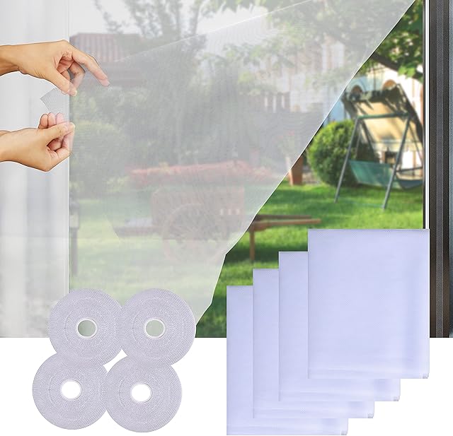 4 Packs Fly Screen Nets for Window,1.3M x 1.5M DIY Self-Adhesive Window Screen Mesh with 4 Rolls White Tapes, Washable and Reusable, Block Mosquitoes, Flies and Bugs Enter (130 x 150CM, White)