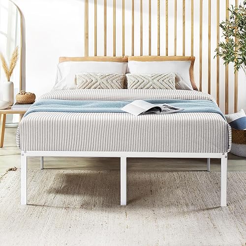 Best Price Mattress Marco de cama de plataforma de metal de 16 pulgadas, listones de acero resistente, blanco, tamaño Queen