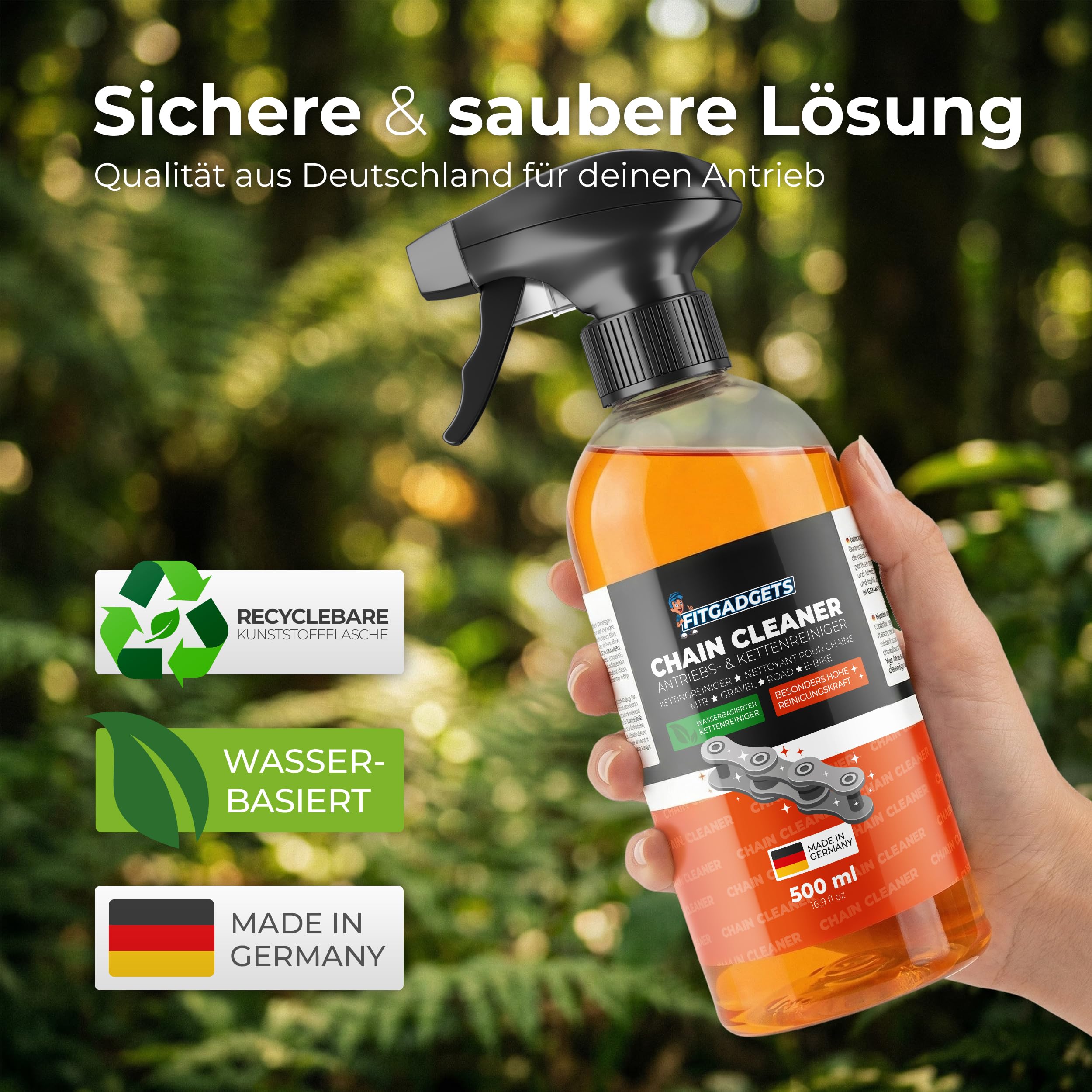 Fitgadgets środek do czyszczenia łańcuchów rowerowych w butelce z rozpylaczem 500 ml – środek do czyszczenia napędu i łańcucha o zapachu cytrusowym do rowerów elektrycznych, MTB, rowerów wyścigowych i