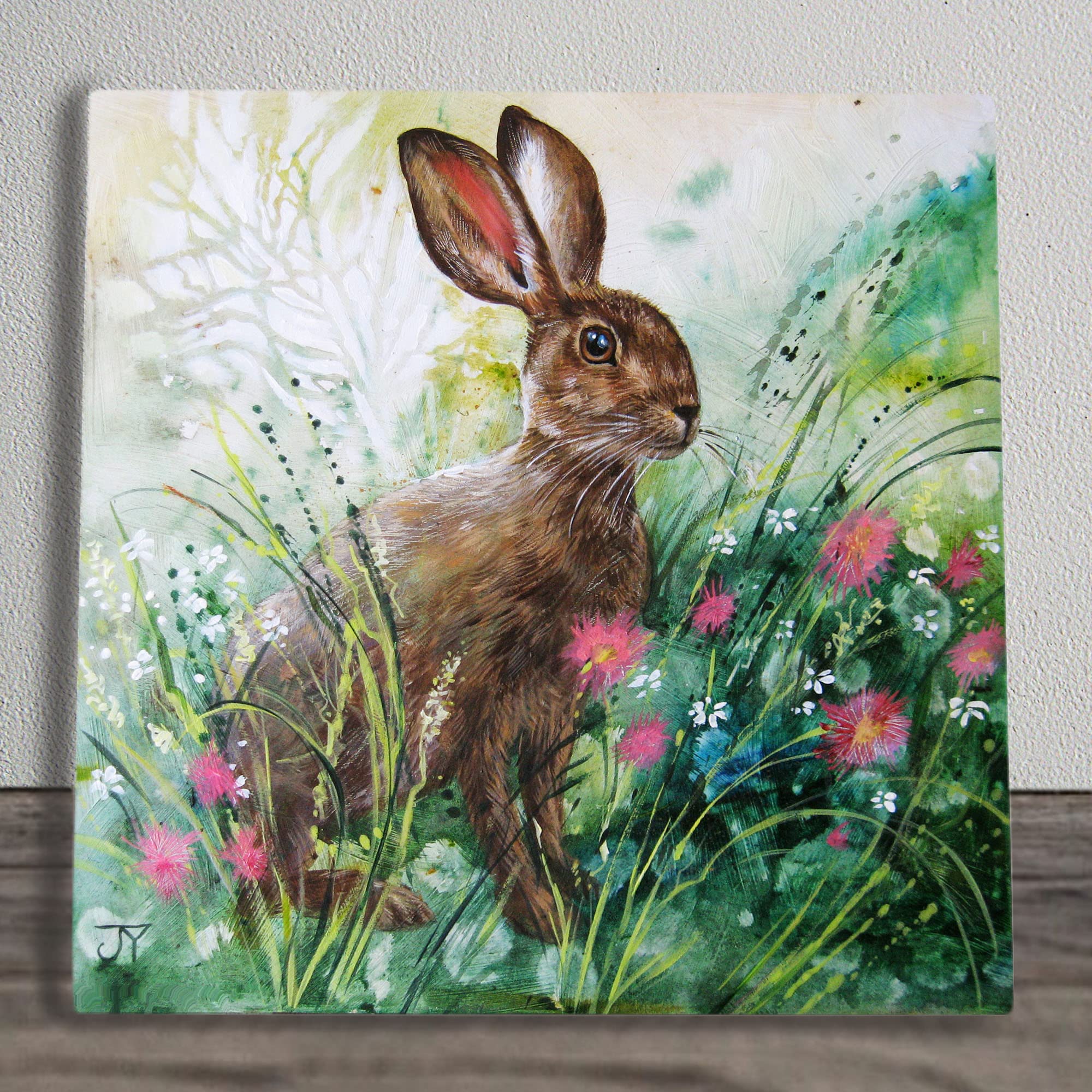 Green, Blue. Spring Hare Ceramic Picture Tile Artwork By Judith Yates Hanging Wall Art Home Decor