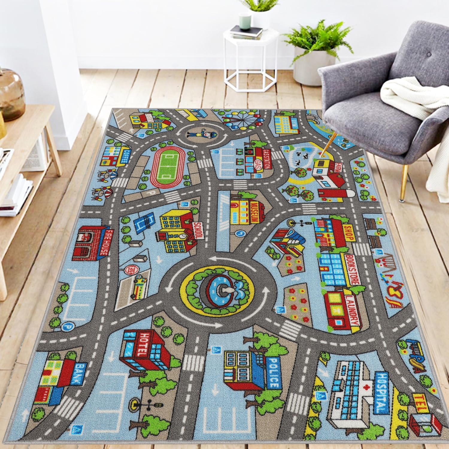 Kids Rug 6'6" x 5'0" City Life Playmat Area Rug Car City Map Washable Traffic Road Educational Learning Nursery Rug Carpet for Children Playroom Living Room Bedroom Classroom Decor Green